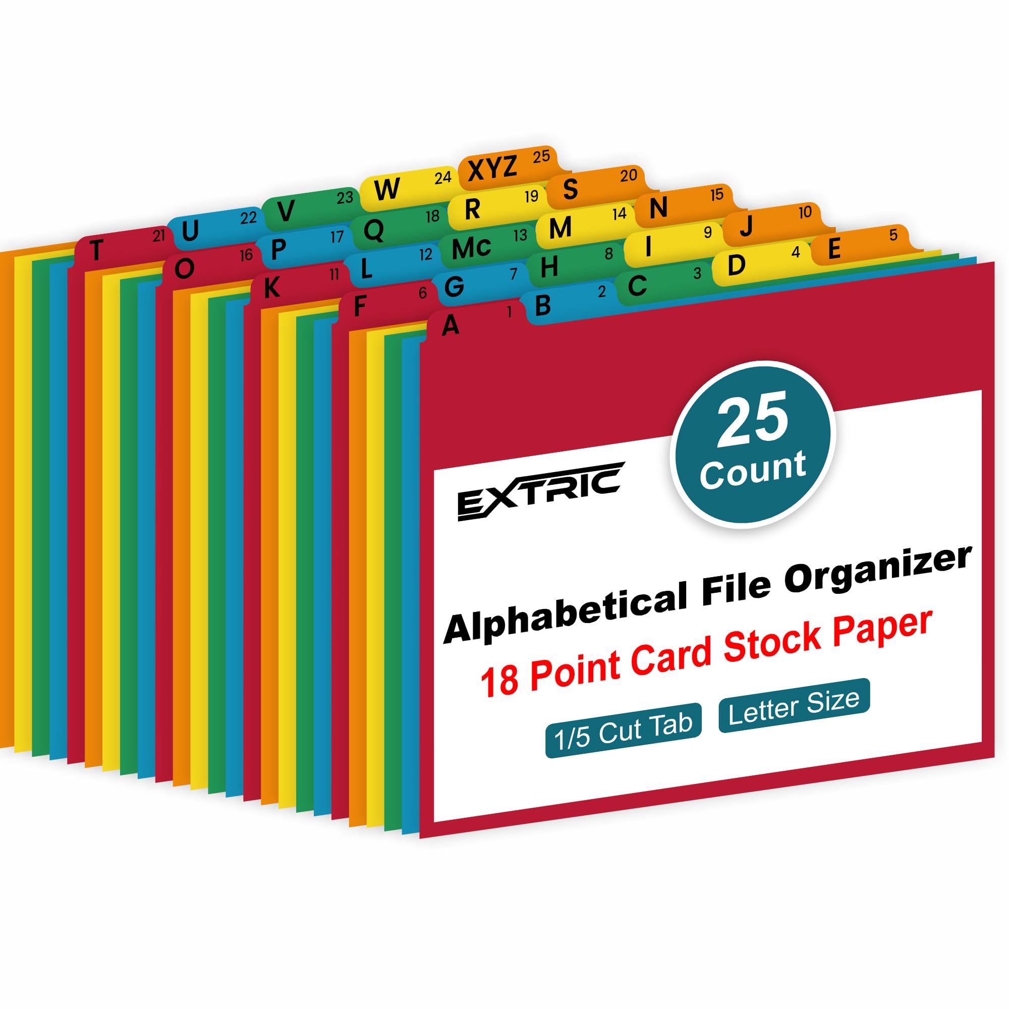 EXTRIC Alphabetical File Organizer, 25 Alphabet Dividers with Tabs Letter Size File Cabinet Dividers, A-Z Manila Guides 5 Assorted Colors, 1/5 Cut Tab Positions Filing Cabinet and Desk Organization