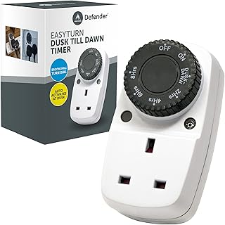 Defender EasyTurn Dusk Till Dawn Timer Switch - Day Night Plug Timer - Energy Saver Plug Standard Size - Automatic Dusk Till Dawn Timer - 240v 3 Pin Plug with Programmable Timer Controller