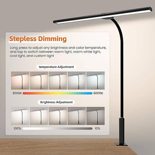 Miniatura 5 de Lámpara de escritorio LED con abrazadera, brillo ajustable que cuida los ojos, 3 modos de iluminación, luz táctil y de control remoto para oficina