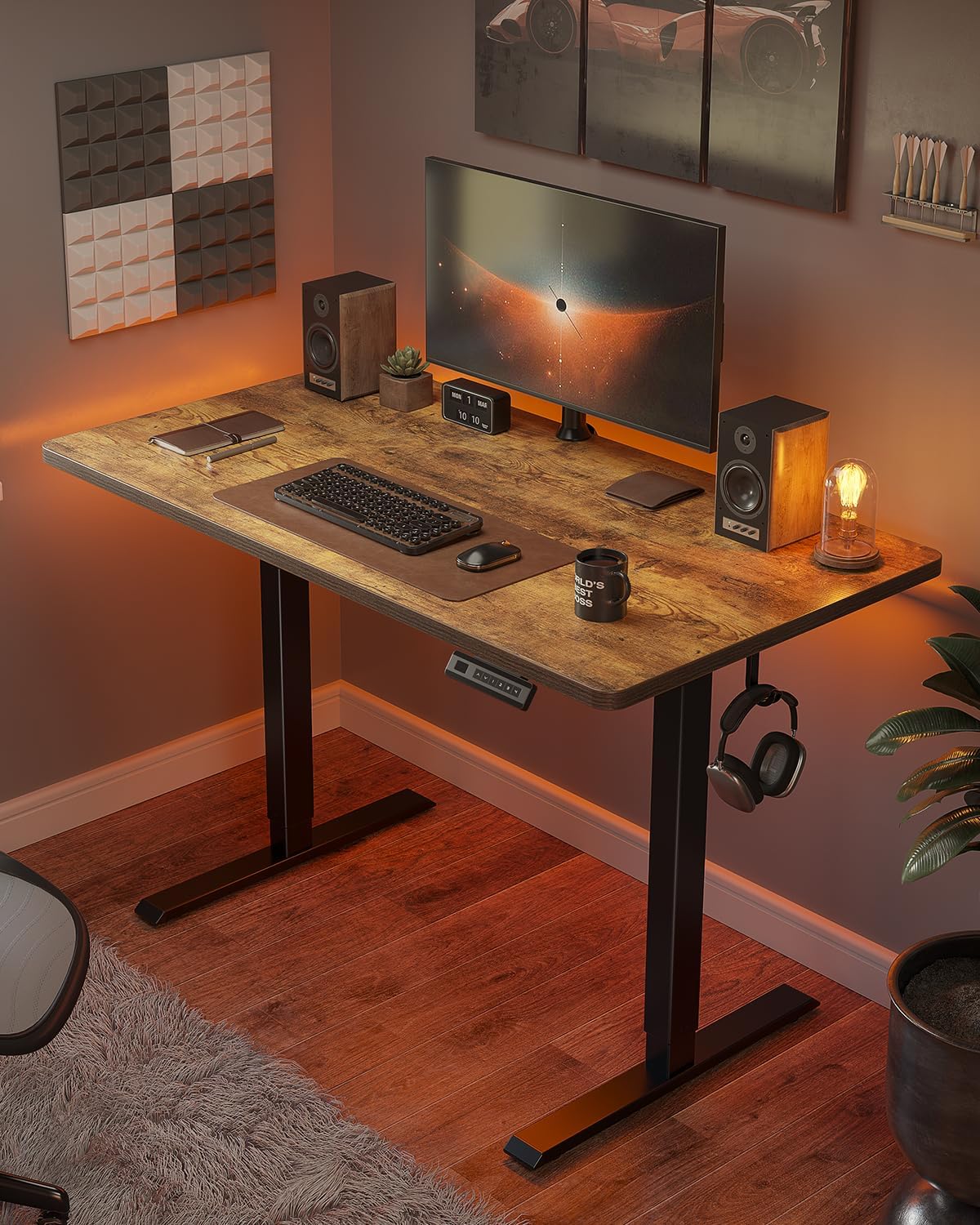 FEZIBO One-Piece Standing Desk Adjustable Height Stand up Home Office Desk, 32x20 Inch Electric Standing Computer Desk, with 4 Memory Presets, Headphone Hook, Rustic Brown