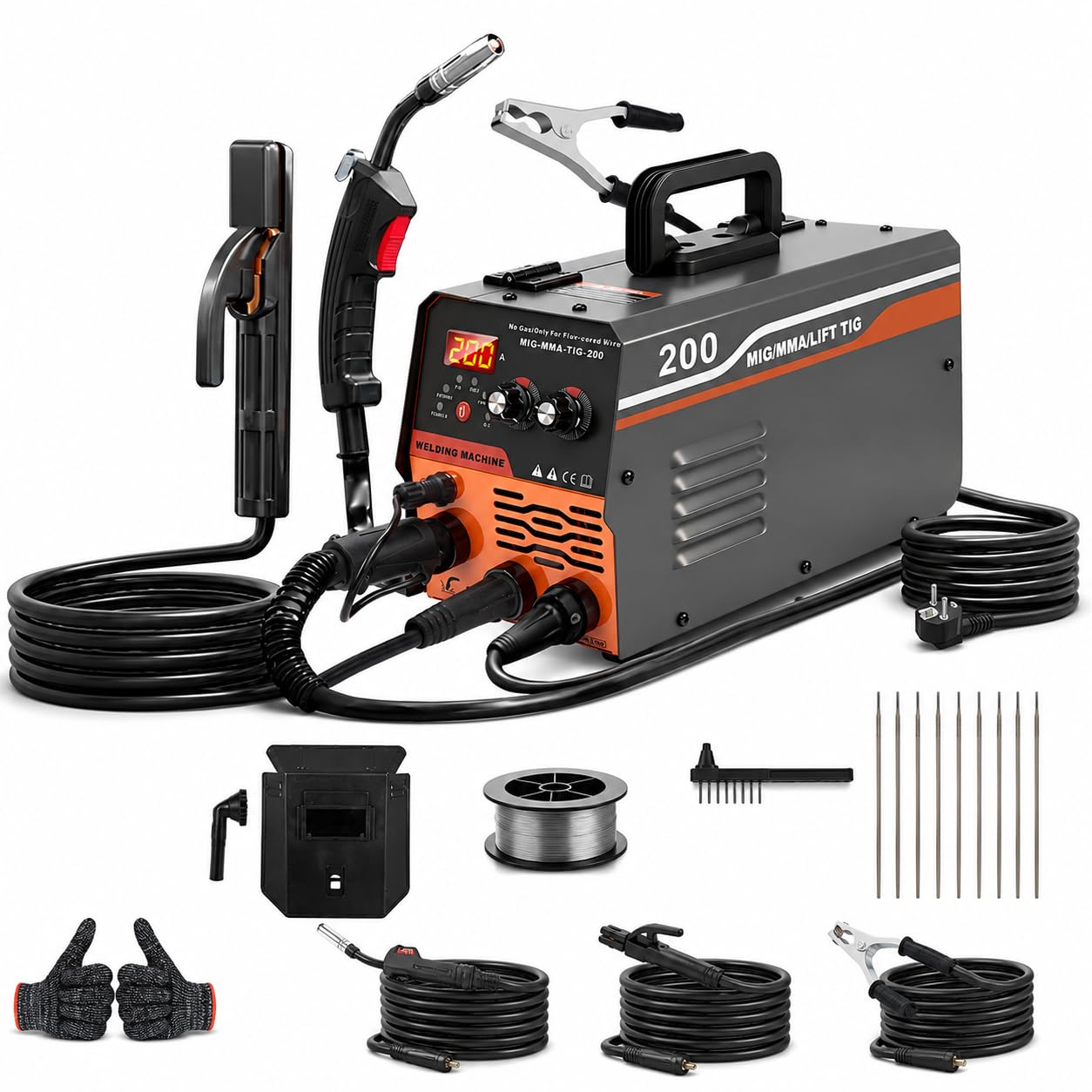 VOBOR Soldador de Hilo Sin Gas 200A, 3 en 1 Máquina de Soldar MIG con ARC/Flux MIG/Lift TIG, Soldador Inverter IGBT de 220V, Pantalla LED, Alambre de 1.0mm