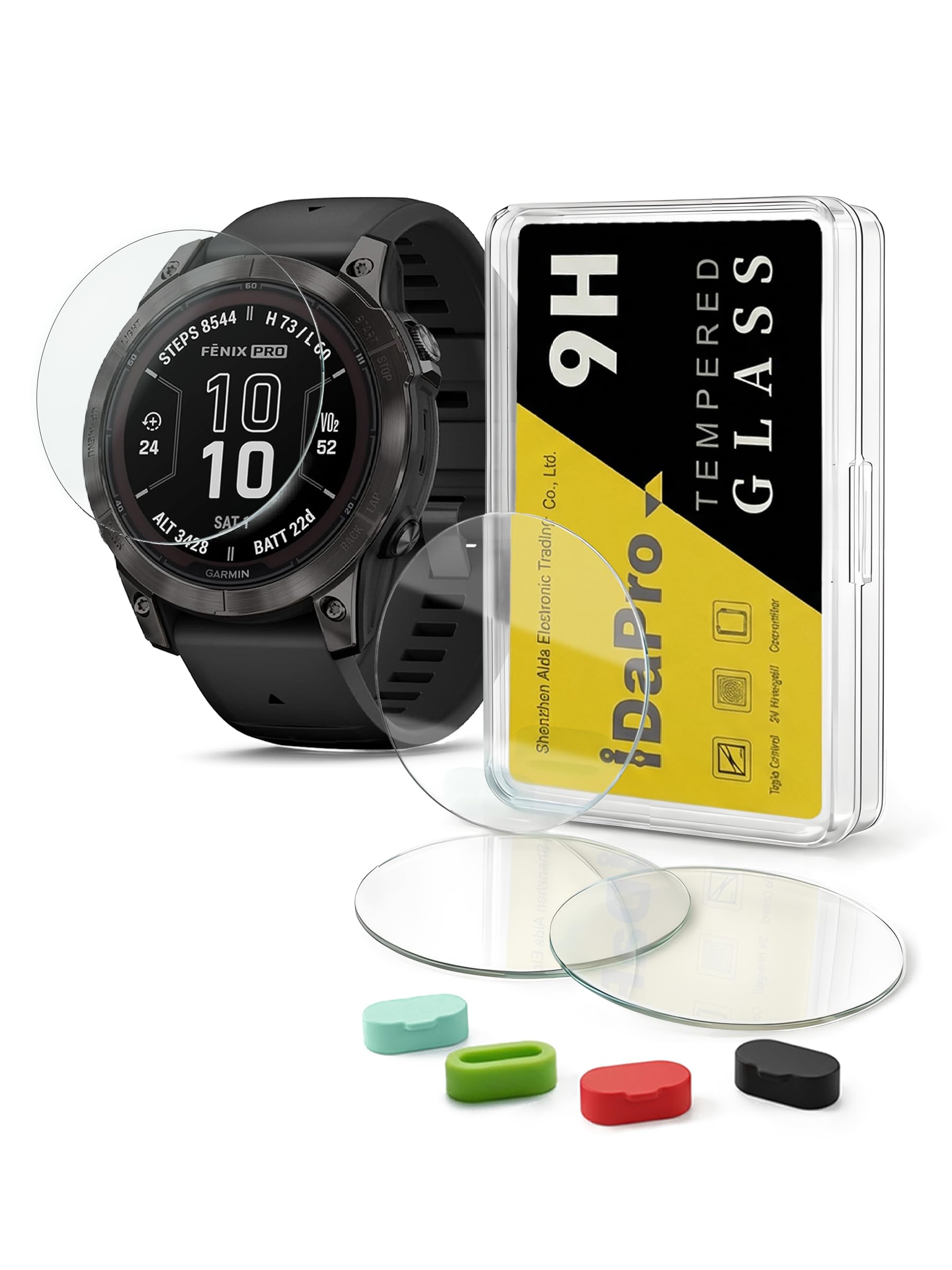 iDaPro Screen Protector for Garmin Fenix 7 Pro(Solar/Sapphire Solar) Tempered Glass [4Pcs]+Silicone Anti-dust Plugs[4Pcs],9H,Anti-Scrach,Anti-Bubble,Easy Installation