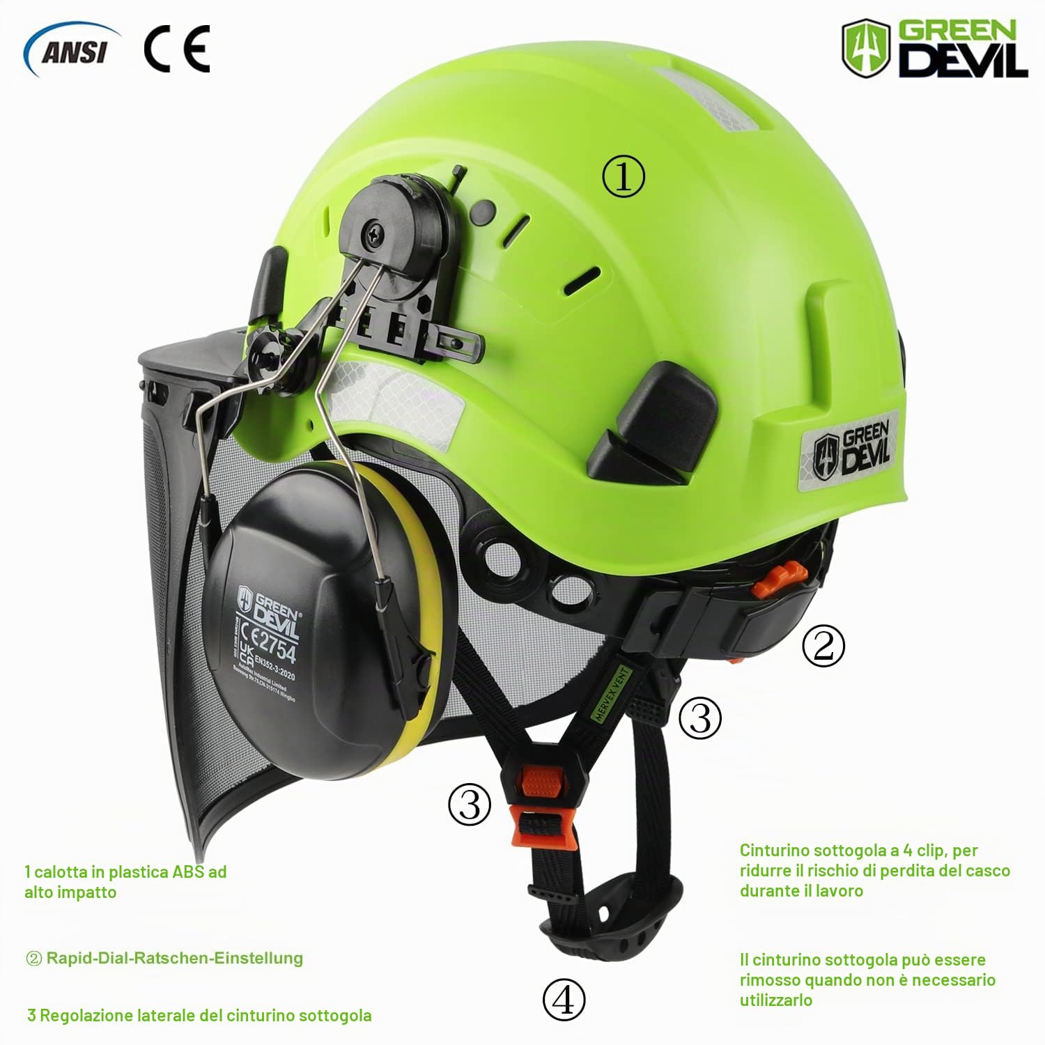 GREEN DEVIL Casco protettivo per motosega, protezione forestale, casco di sicurezza con protezione dell'udito, paraorecchie e visiera, 3 in 1, set di casco, resistente agli urti, comoda ventilazione