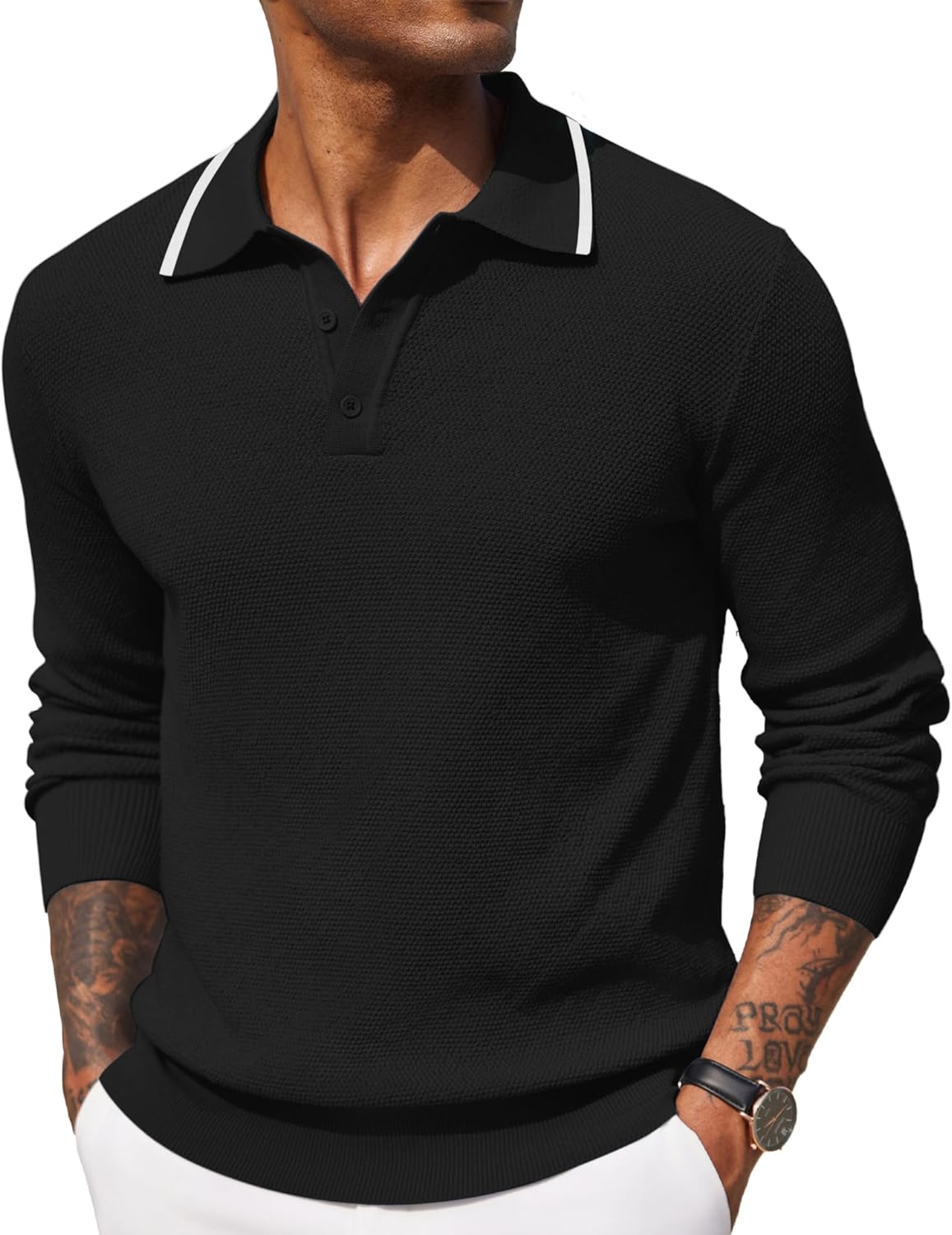 COOFANDY Mens Knit Polo Shirts Long Sleeve Casual Polo Sweaters Shirt Waffle Textured Collared Sweater