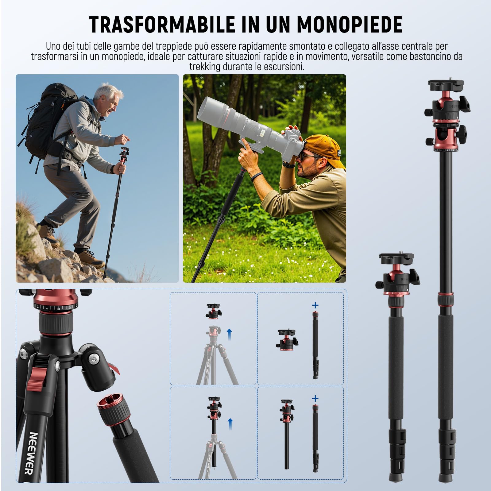 NEEWER BASICS Monopiede Treppiede Fotocamera da 1,8m con Colonna Centrale e Testa Sfera, Overhead Tripod DSLR Cellulare a Sgancio Rapido Compatibile con iPhone per Riprese Video Viaggio, Max 8kg, TP16