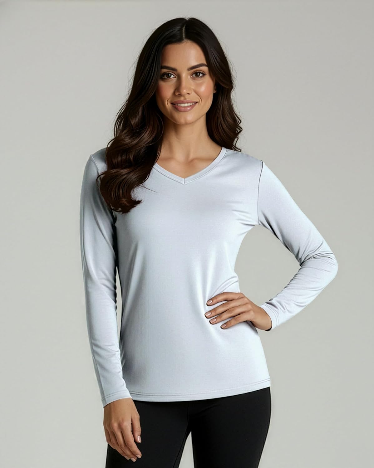 Real Essentials 4 Pack: Women's Long Sleeve Dry Fit V-Neck T-Shirt - Active Athletic Workout Gym Top (Plus Available) - Image 2