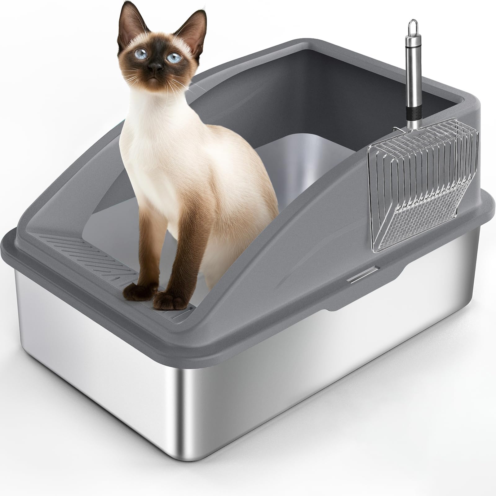 FURTIME Stainless Steel Cat Litter Tray Grey with Detachable Enclosure, High Sided Cat Litter Box Anti-Spillage and 60cm Extra Large Litter Tray with Lid for All Cats, 58x37x30cm