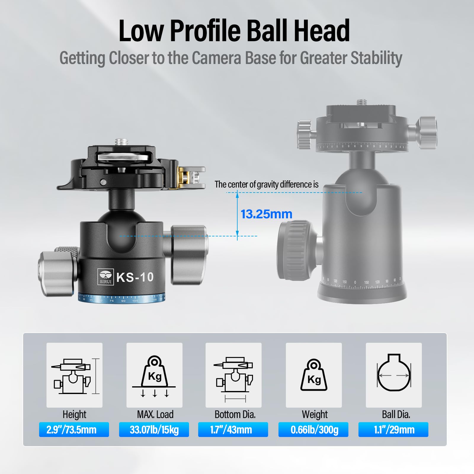 SIRUI KS-10 Testa a Sfera per Treppiede, Testa a Sfera a Basso Profilo da 29mm, Testa Panoramica a 360° in Alluminio per Fotocamera DSLR, Videocamera, Treppiede, Monopiede, Carico Massimo 15kg