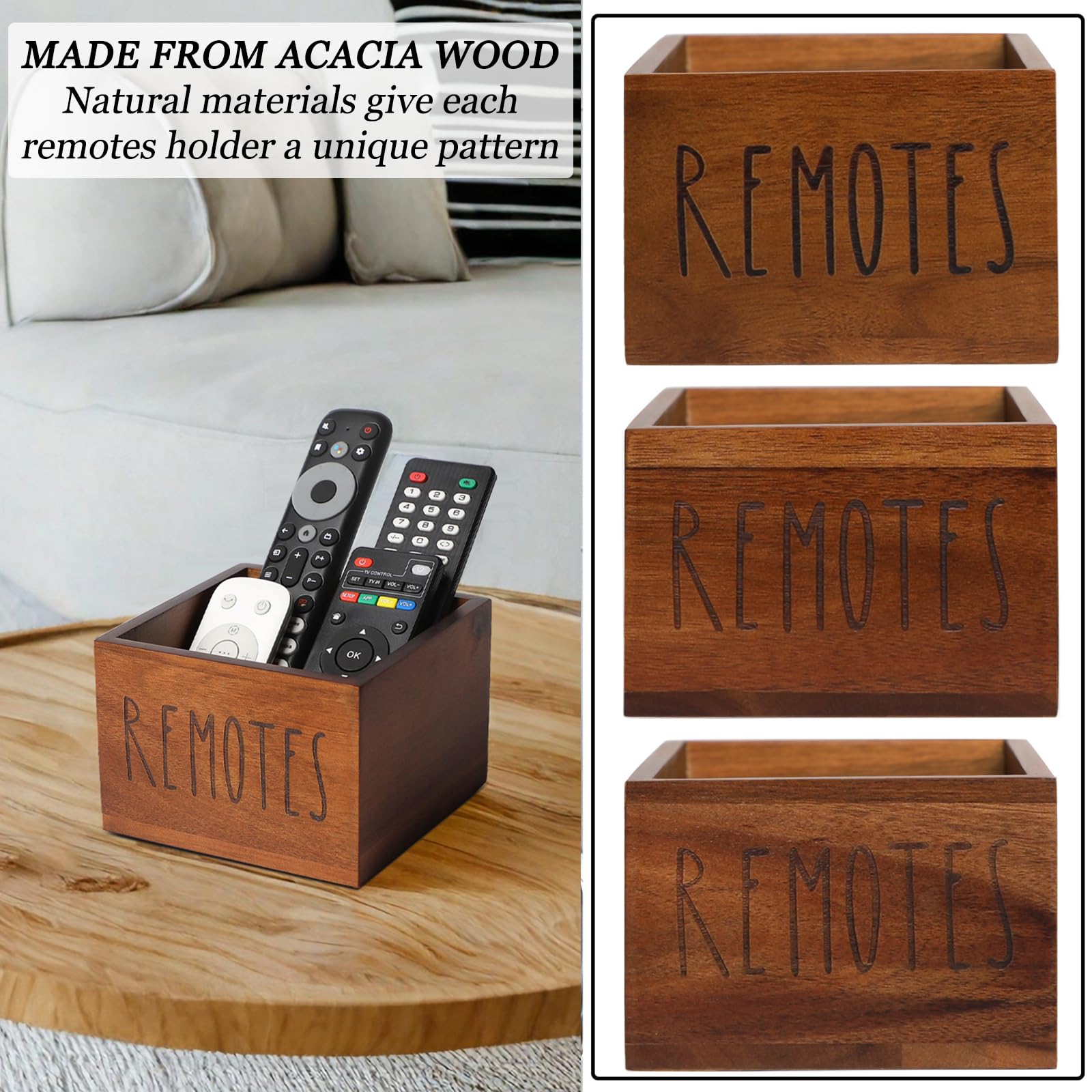 LBEMEY Soporte para control remoto de madera de acacia, soporte para control remoto de TV, organizador remoto para mesa, hogar, sala de estar, dormitorio para caja remota de madera (marrón, M, para