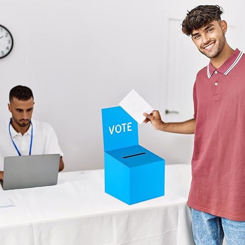 Miniatura 7 de Paquete de 12 cajas de sugerencias de cartón para rifas azules con ranuras para recaudación de fondos con cabecera extraíble para recaudación de