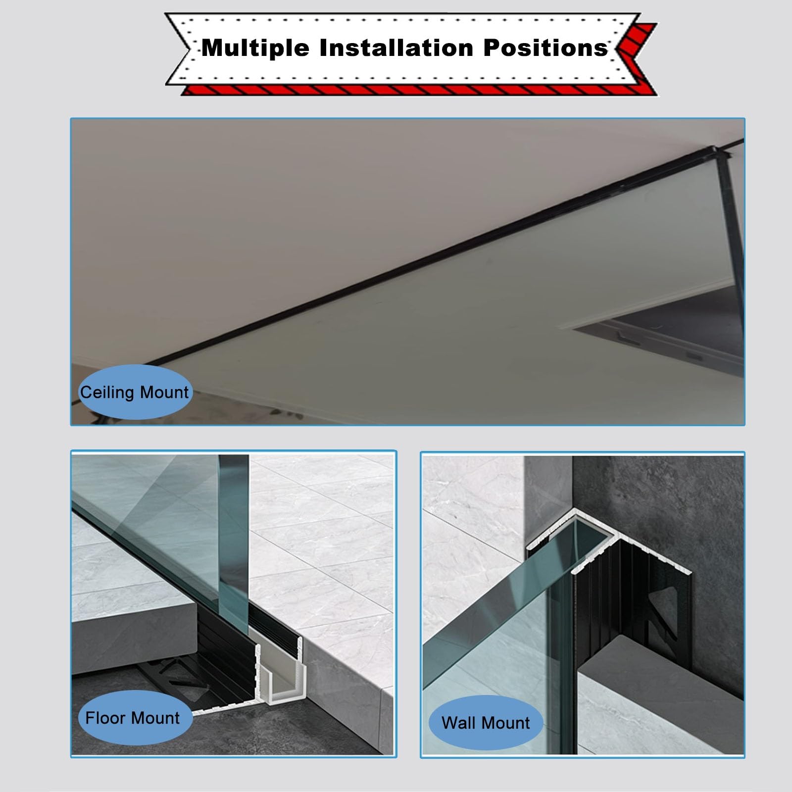 Profilado en «F» de aluminio para mamparas de ducha sin marco | Perfil rígido duro, junta protectora de PVC integrada, pista de retención de vidrio para baño(12mm Silver,300 cm/118.1 in)