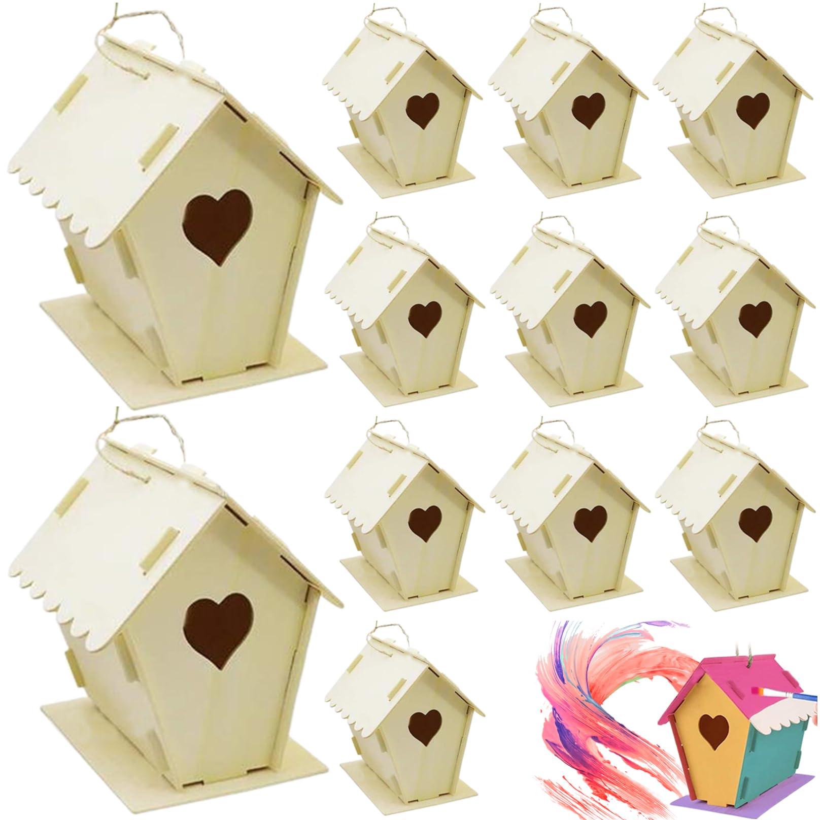 12Pcs Bird House Kit DIY Unpainted Wooden Bird Houses Heart & Fence Birdhouse with Hanging Hook 4x4.3x5.5" Small Bird Houses for Adults Kids to Build Bird Houses Wooden Bird Houses Birdhouse Hanging