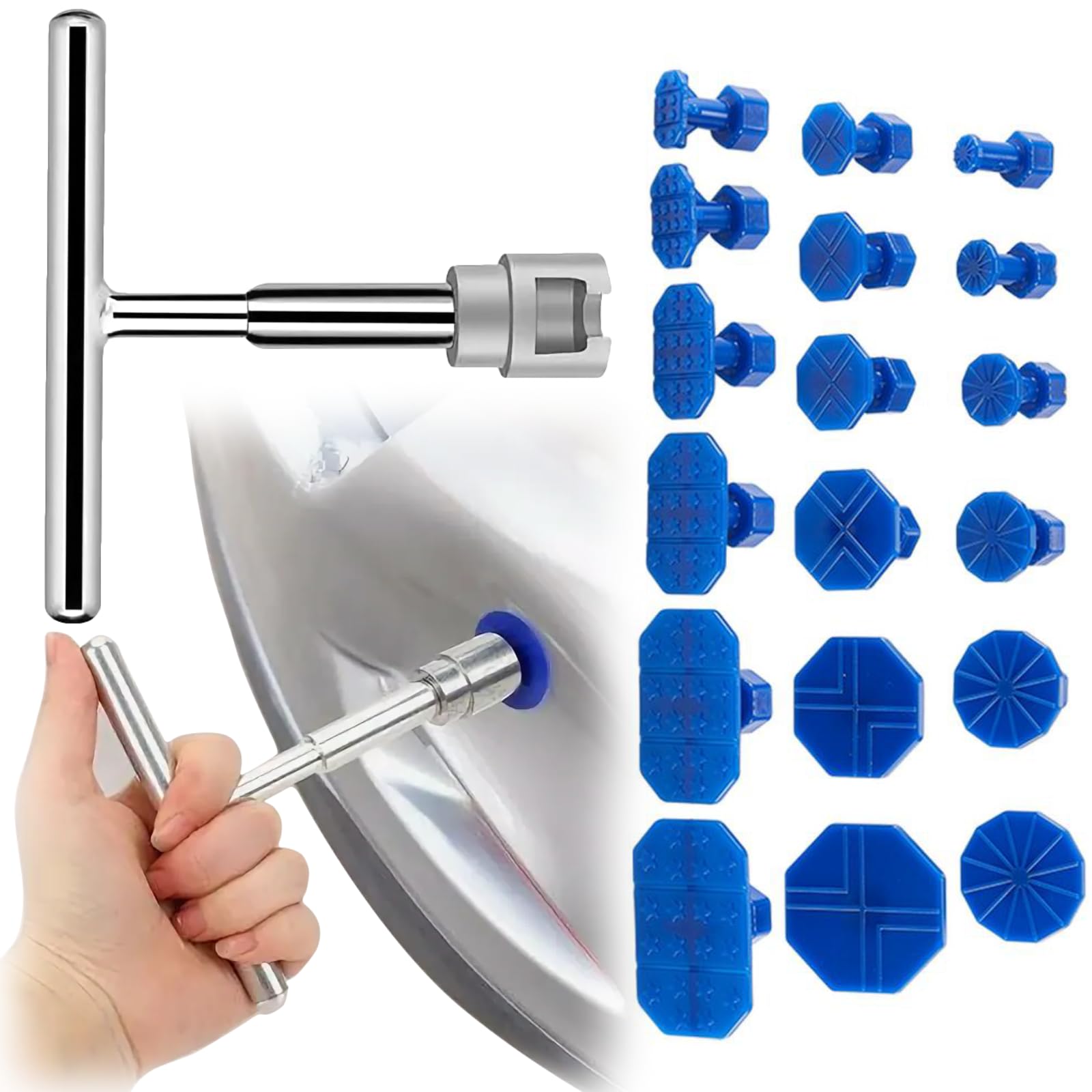 Zephyra Kit Rimozione Ammaccature Auto con T-Bar e 18 Ventose – Attrezzo Levabolli per Carrozzeria, Danni da Grandine – Riparazione Senza Verniciatura per Auto, Moto, Elettrodomestici