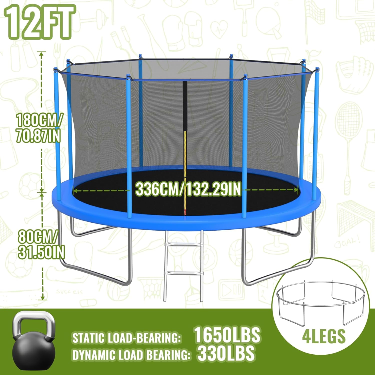 ACWARM HOME 10FT/12FT/14FT Trampoline for Kids and Adults - Outdoor Trampoline with Safety Net - Anti Rust - ASTM Approved - Blue