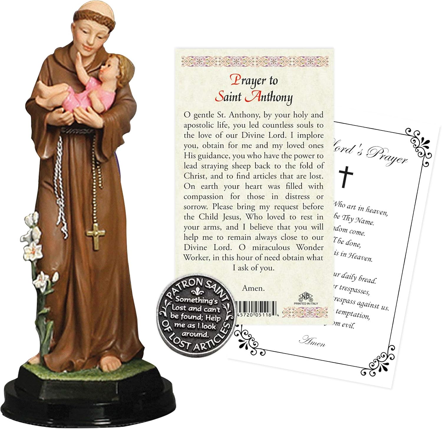 St Anthony of Padua Statue Figurine (5 Inch), Laminated Prayer Card, Saint Anthony Pocket Token, The Lord's Prayer Card | Total 4 Items in Set
