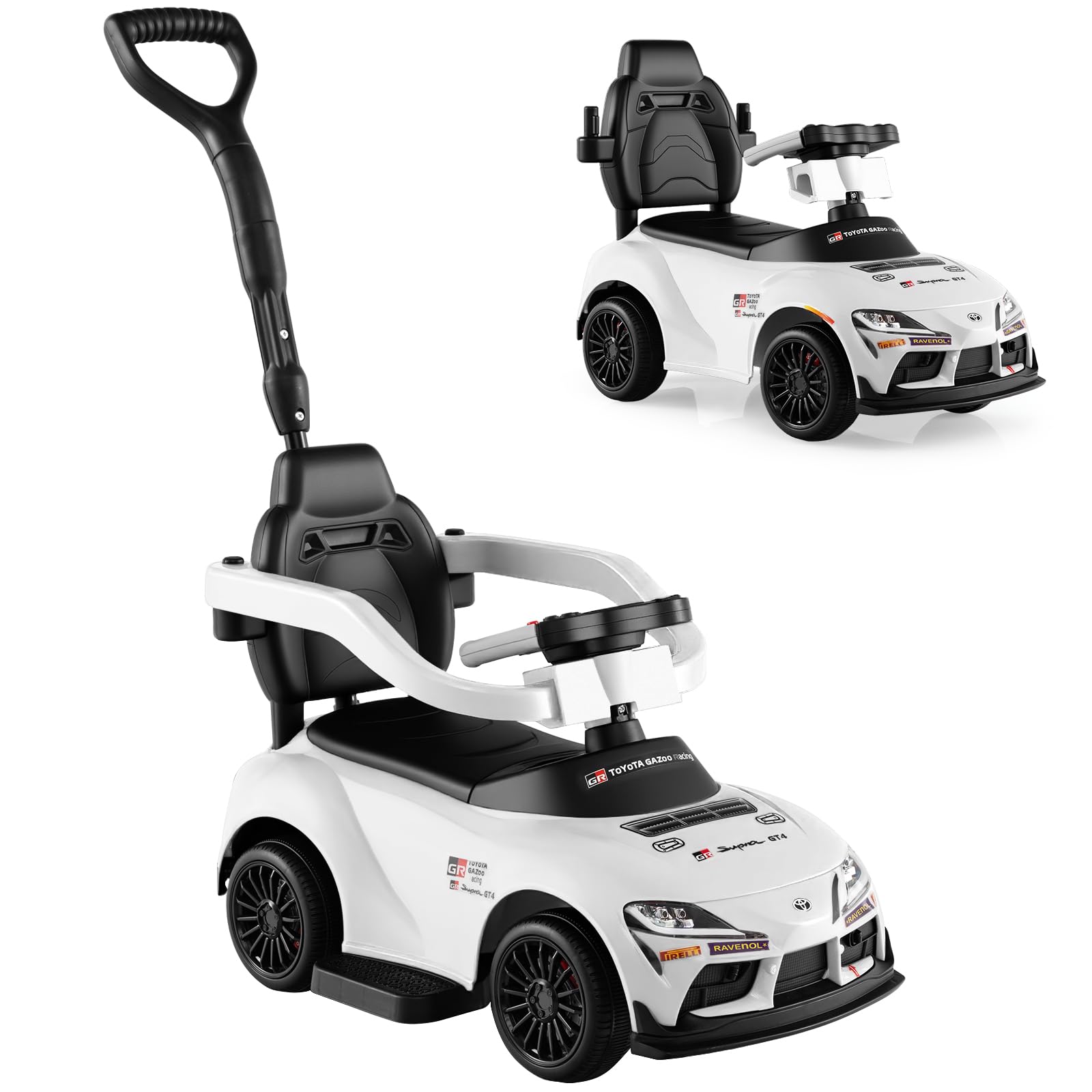 Licensed Toyota Ride on Push Car for Toddlers by INFANS, 3 in 1 Walking Sliding Car with Removable Guardrails and Handle, Music, Under Seat Storage (White)