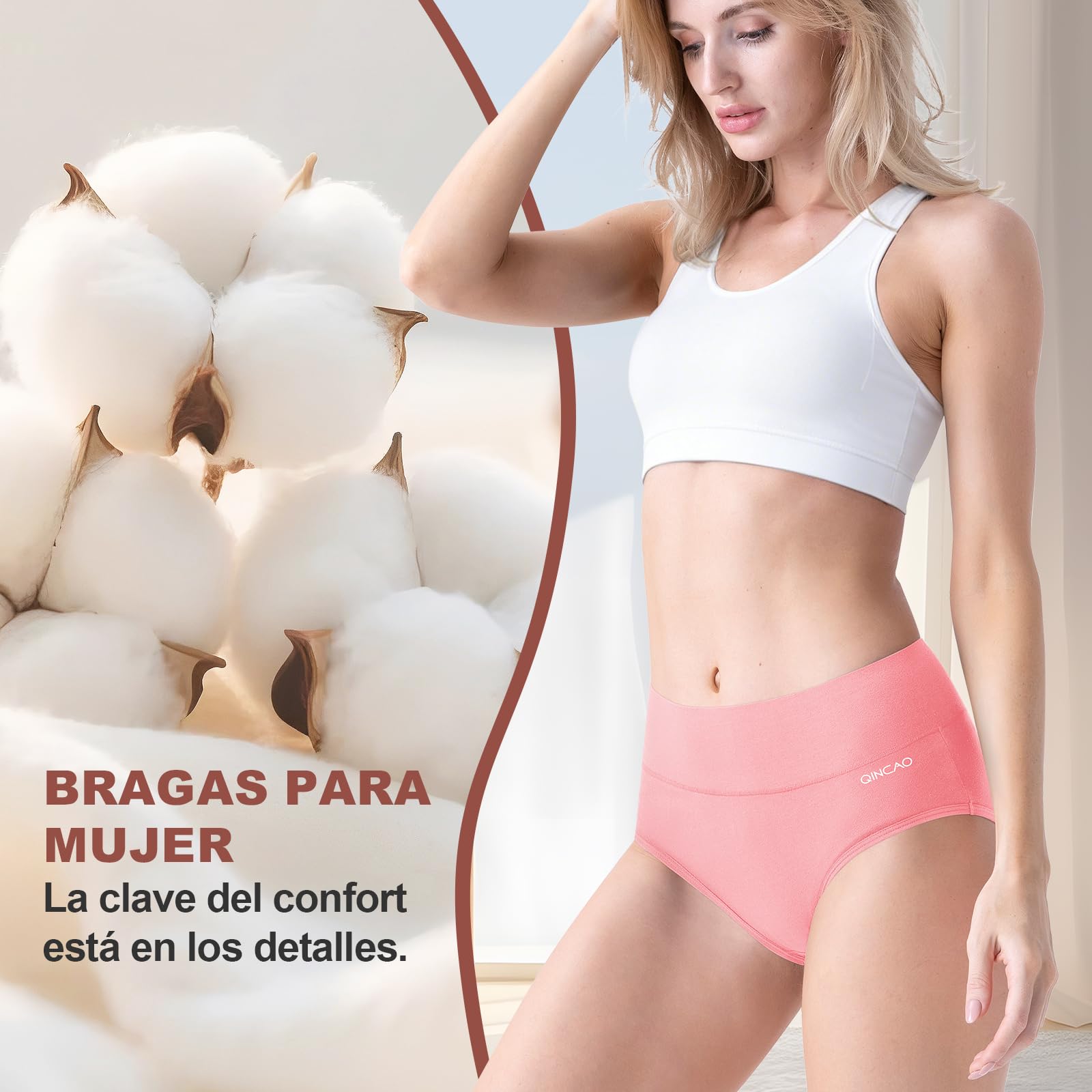 QINCAO Bragas Mujer, Pack de 6 — Bragas Mujer Cintura Alta Algodón, Transpirables y Suaves