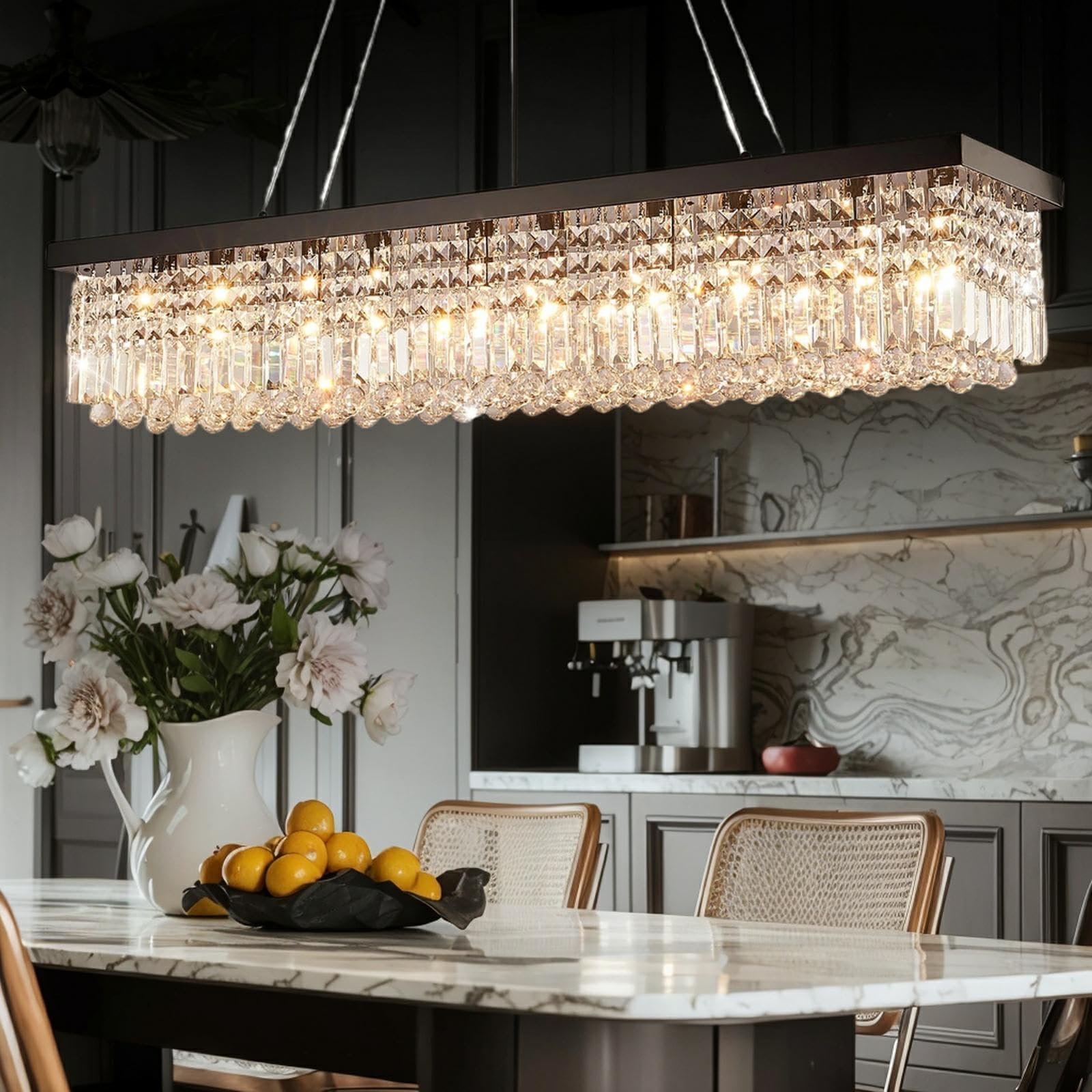59-inch Modern Crystal Chandelier,13-Light K9 Crystal Rectangle Chandelier for Dining Room,Kitchen Island Adjustable Hanging Pendant Light Fixture,Black Finish