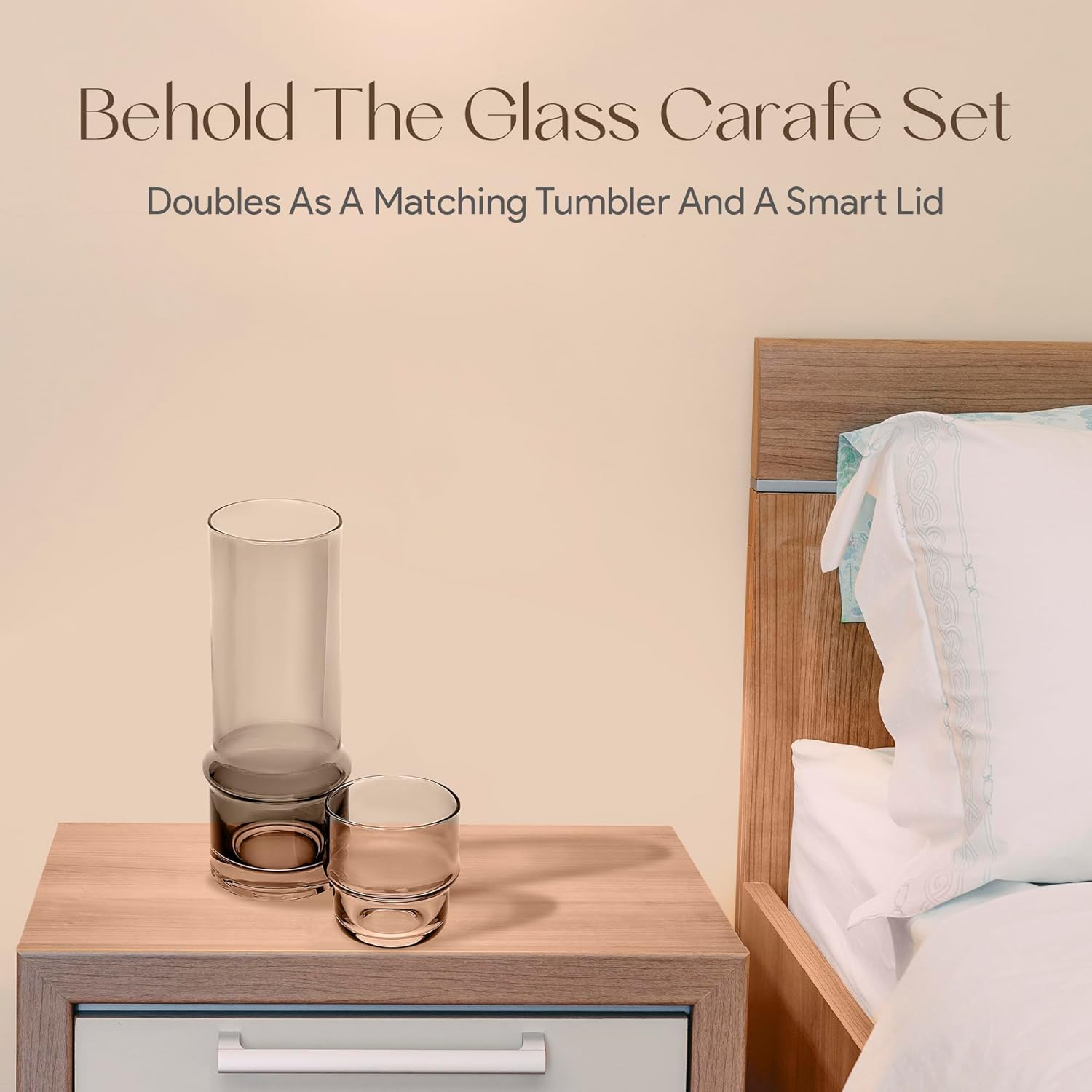 Bedside Water Carafe with Tumbler | 33-Ounce Pitcher and Matching Drinking Glass | Stackable Cup as a Lid for Carafe | Home Décor for Guest Room, Nightstand, Office, or Gift | elle decor (Gray)