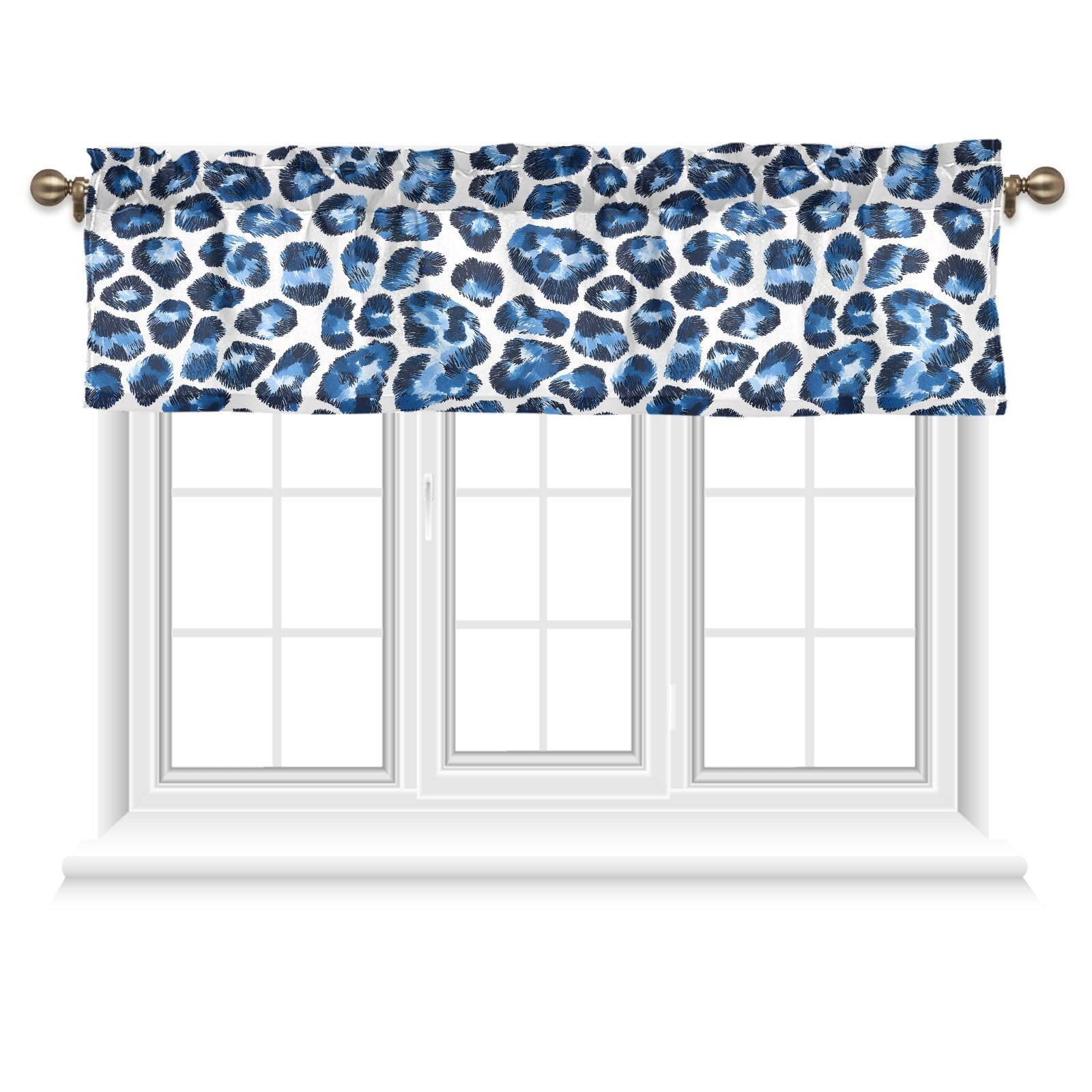 zyrtty Kitchen Valances Curtain, Blue and White Leopard Print Pattern Small Window Curtain Valance for Bedroom Bathtoom Sink Rod Pocket One Panel 54 x