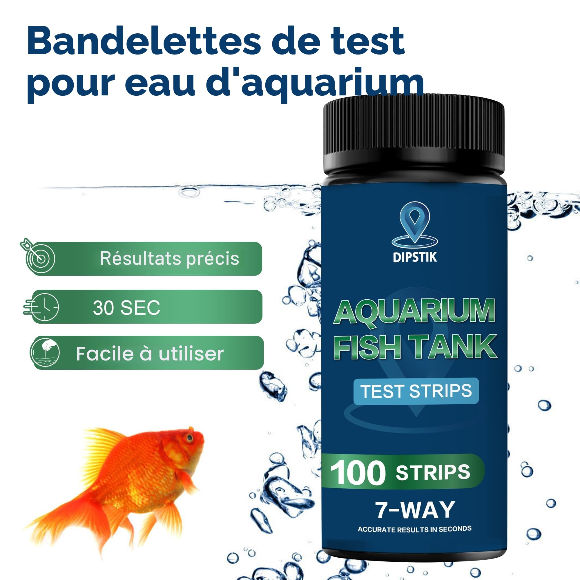 Test d'eau pour Aquarium, Bandelette de Test Eau 7 en1 Pour Alcalinité Totale,Dureté Totale, Dureté Carbonatée, PH, Nitrite, Nitrate, Chlore (100 Bandelettes)