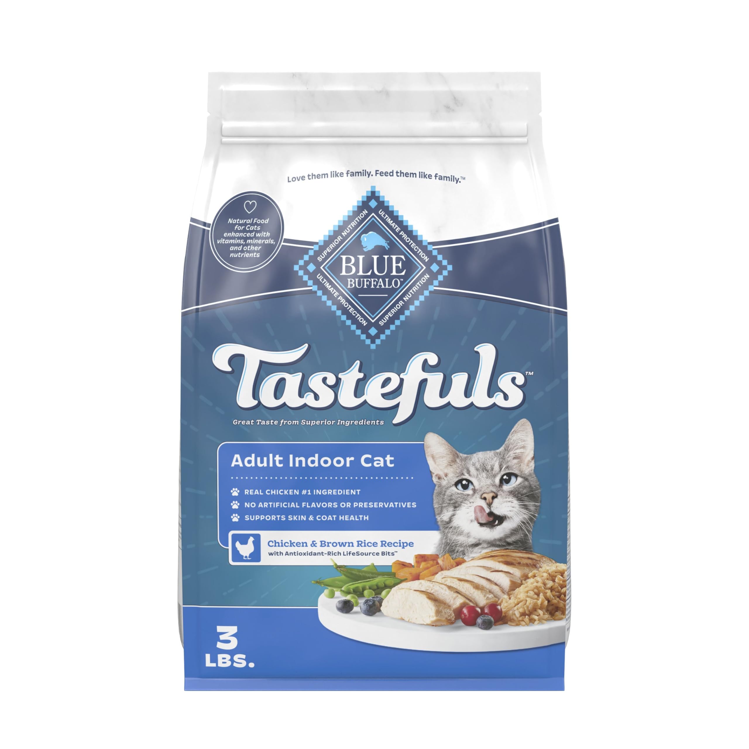 Amazon.com : Blue Buffalo Tastefuls Adult Indoor Dry Cat Food, Chicken &  Brown Rice, 3-lb Bag : Dry Pet Food : Pet Supplies