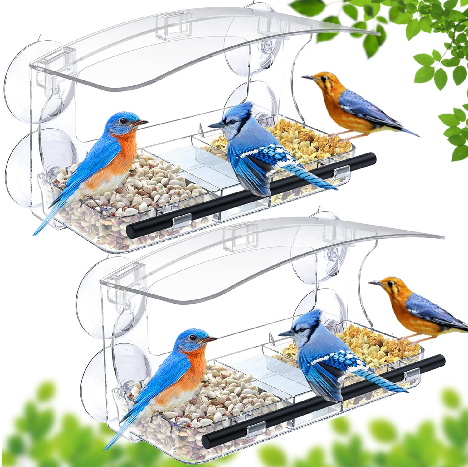 WLLKOOWindow Bird Feeder 2 Pack with Strong Suction Cups, Clear Bird feeders for Viewing, Bird Feeders for Outdoors Outside with Drain Holes