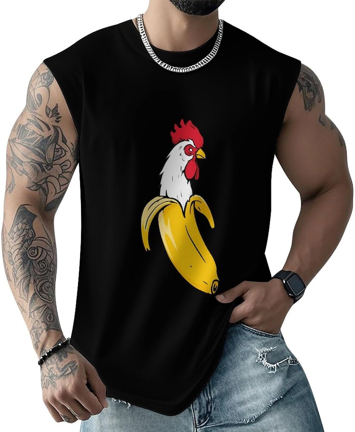 Rooster Banana Men Summer Sleeveless Crew Neck Top 5XL