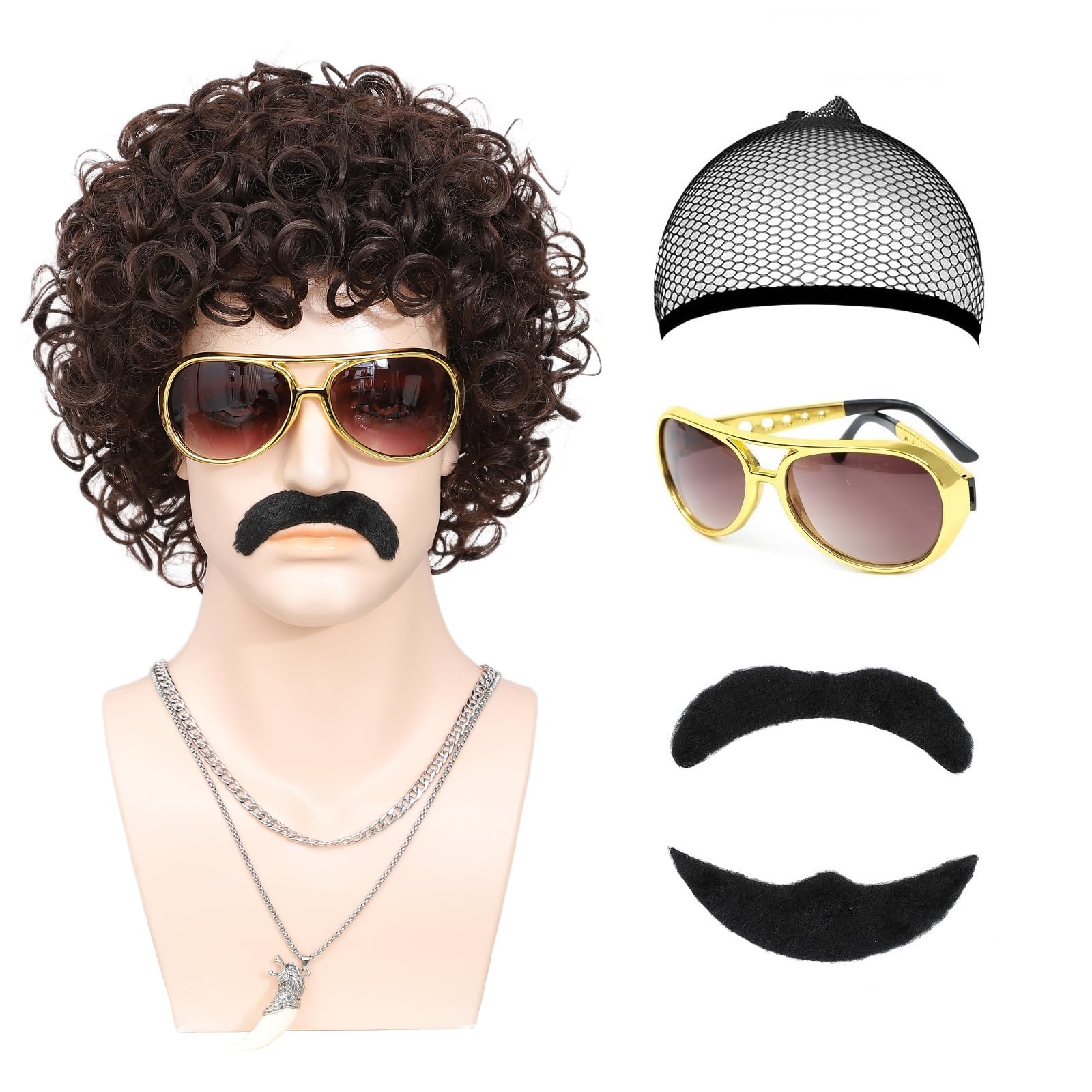 Atatoray 70s 80s Disco Wig 6pcs Set Short Afro Curly Wigs for Retro Disco Outfit Men Party Hippies Rocker Cosplay Costume (Brown)