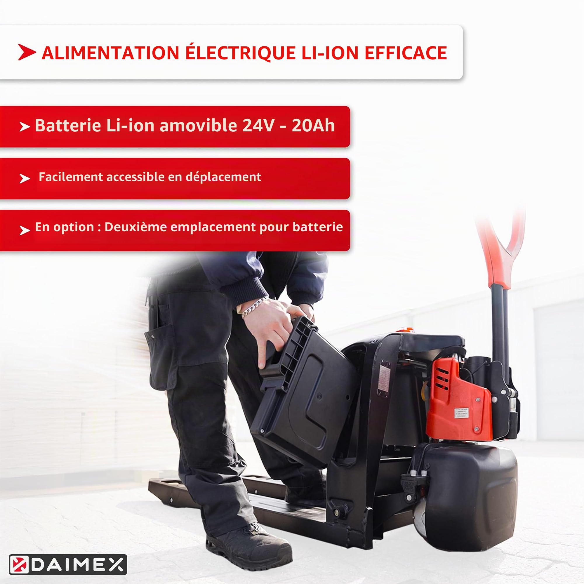 Chariot Élévateur Électrique Daimex | Capacité de Charge 1,500 kg | Longueur de Fourche 1,150 mm | Batterie Lithium-Ion 20 Ah | Volant en Polyuréthane | Rouleaux Tandem | Conçu pour un Usage