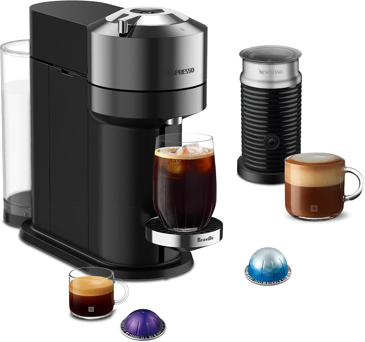 Vertuo Next Deluxe Coffee and Espresso Maker, Pure Chrome with Aeroccino Milk Frother,1.1 liter, Black,Dark Chrome