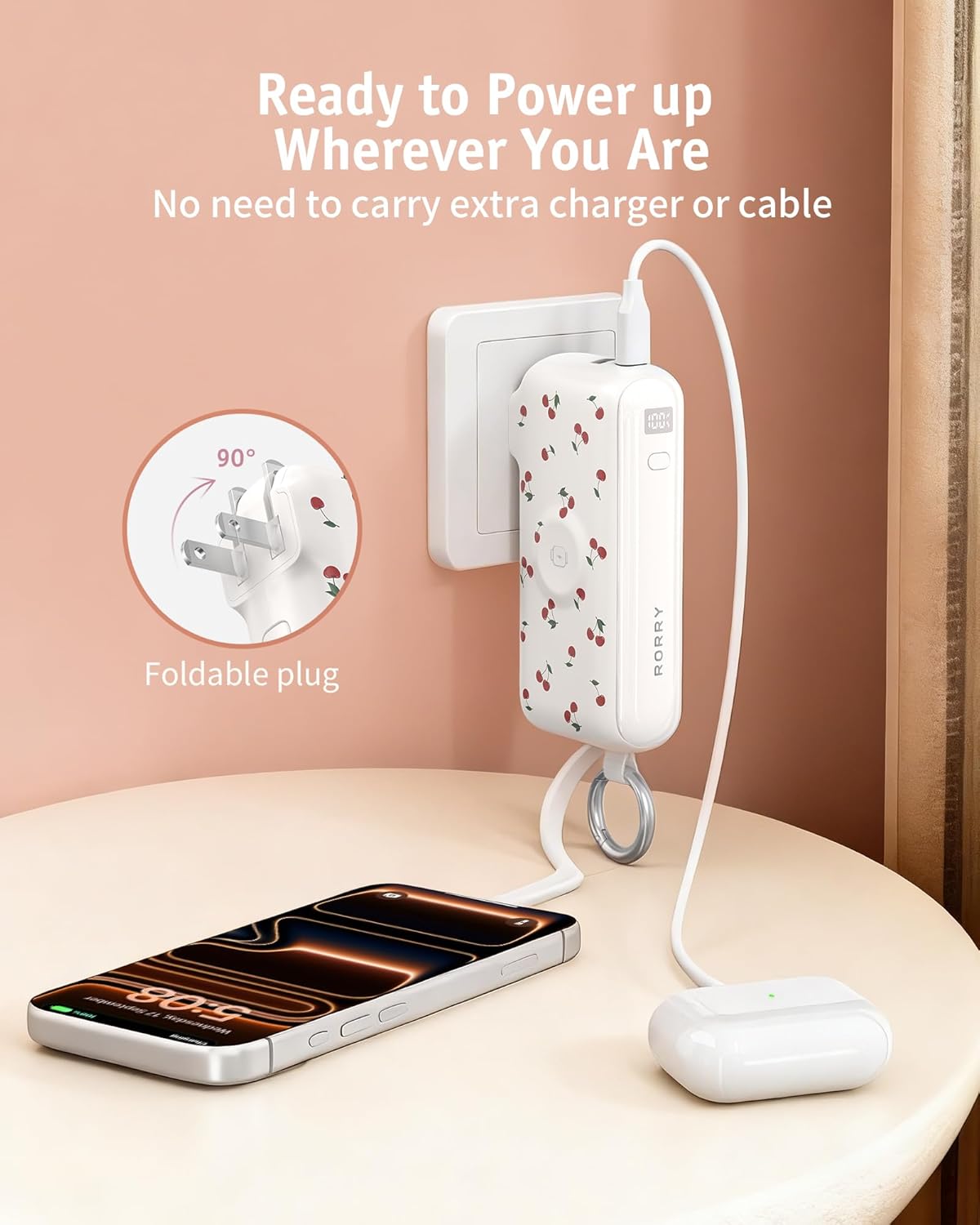 RORRY Flow Portable Charger, 10000mAh 40W Fast Charging Power Bank with Built-in USB C Cable and Foldable Wall Plug, Battery Pack Travel Essentials for iPhone 17/16/15, Apple Watch, iPad, MacBook