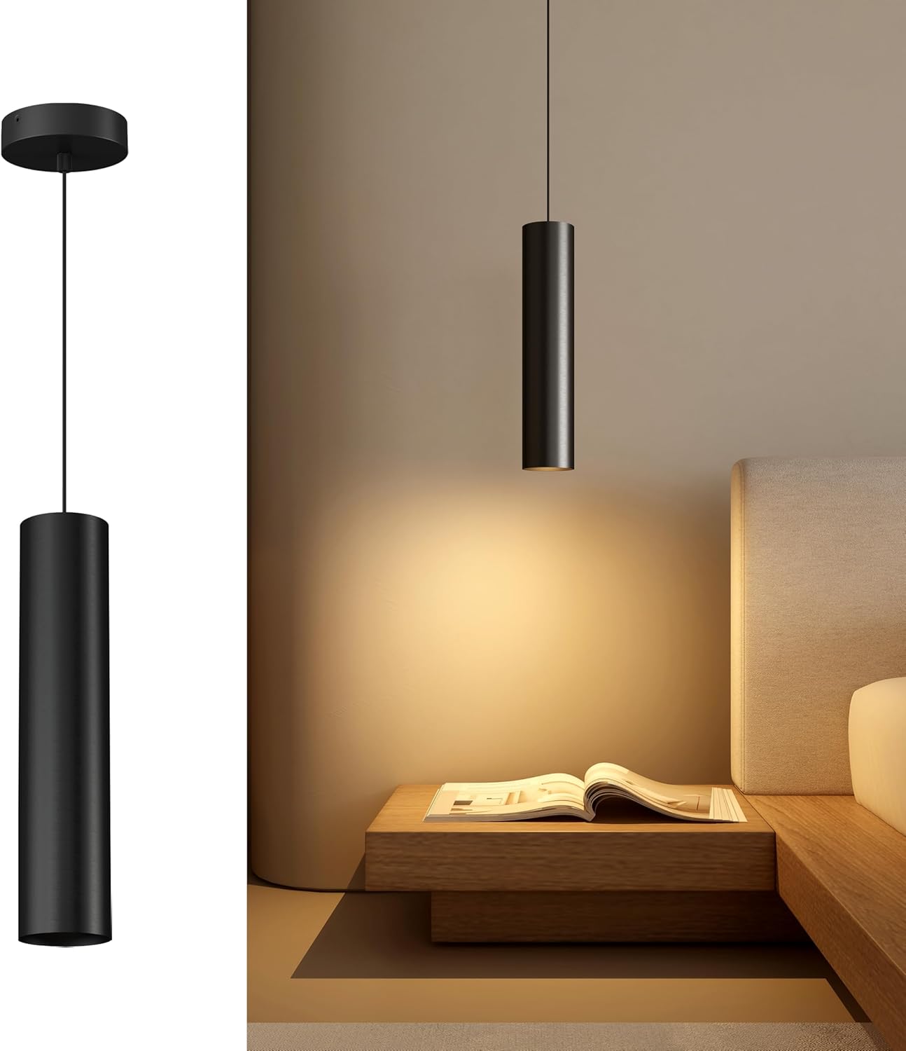 Modern Pendant Lights Kitchen Island, E26 Black Pendant Lights Cylinder Hanging Light Cord Adjustable for Living Room Bedroom Bar Restaurant, Minimalist Design