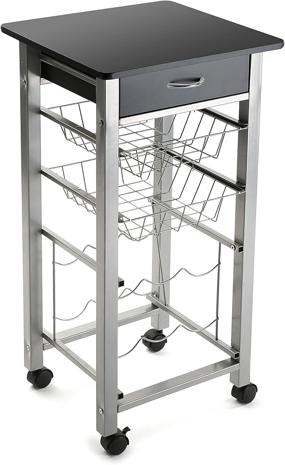 Versa Leicester Carro de cocina con ruedas, cajones y botellero, Verdulero con despensa y organizadores, Almacenaje de cocina, , Medidas (Al x L x An) 82 x 40 x 40 cm, Madera y Metal, Color Negro