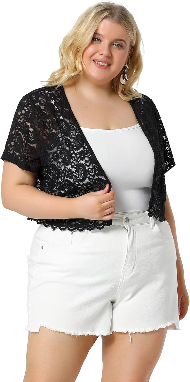 Agnes Orinda Plus Size Bolero Shrugs for Women Lightweight Open Front Short Sleeve Cropped Lace Cardigan - Image 3