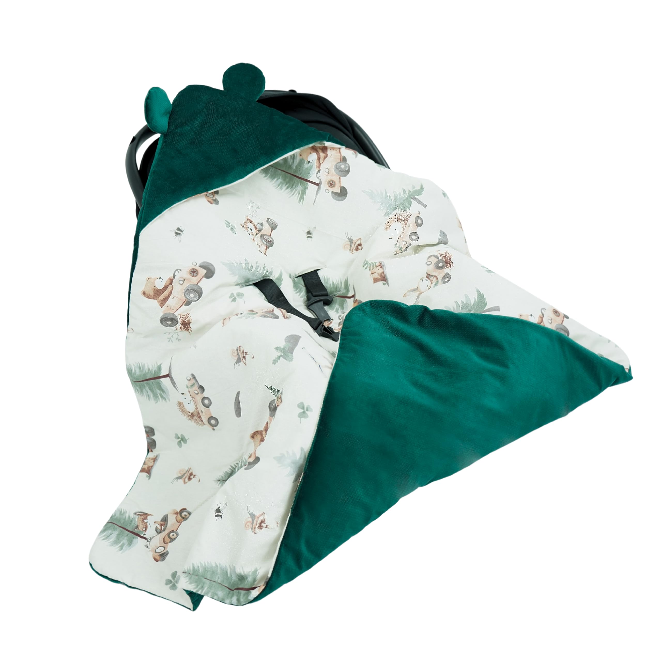 Flumi Couverture Enveloppante Bébé pour Siège Auto, Poussette et Nacelle – Capuche, Ouvertures Harnais, Lavable, Personnalisation Prénom (Animaux Verts)