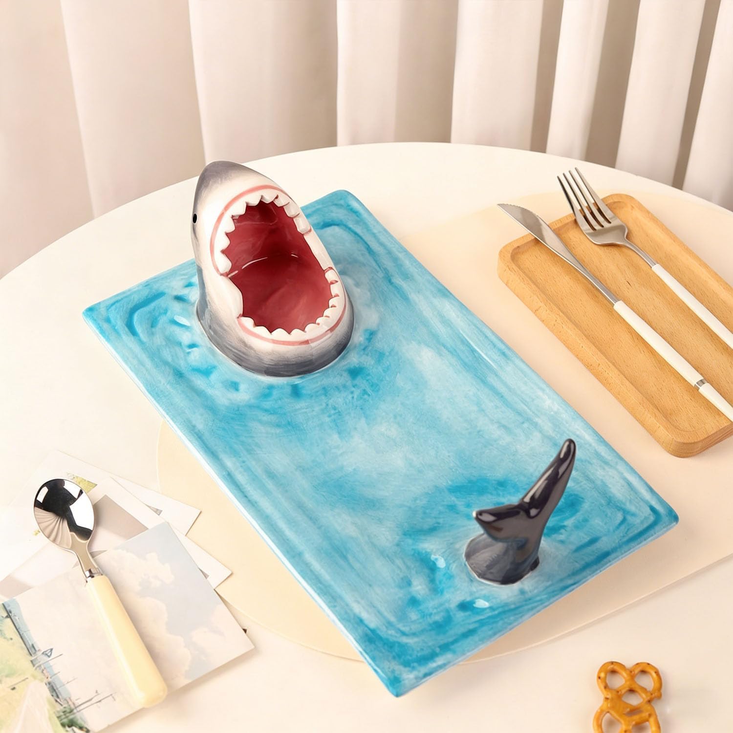 Keyrose Shark Charcuterie Board with Serving Area, 3-In-1 Fun Shark Sushi Plate for Food, Sharks Shape Ceramic cuterie Serving Tray, Oven/Microwave/Dishwasher Safe Plates