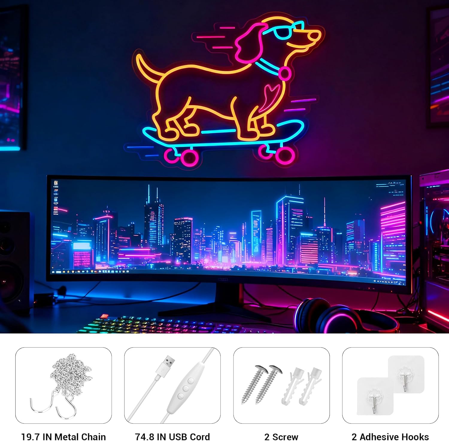 Dachshund Skateboarding Neon Sign, Skateboard Dog Neon Signs for Wall Decor Cool LED Wall Art Decor, Dimmable Dog Lover Gift for Living Room, Bar, Shop, or Birthday Party (Orange Dachshund)