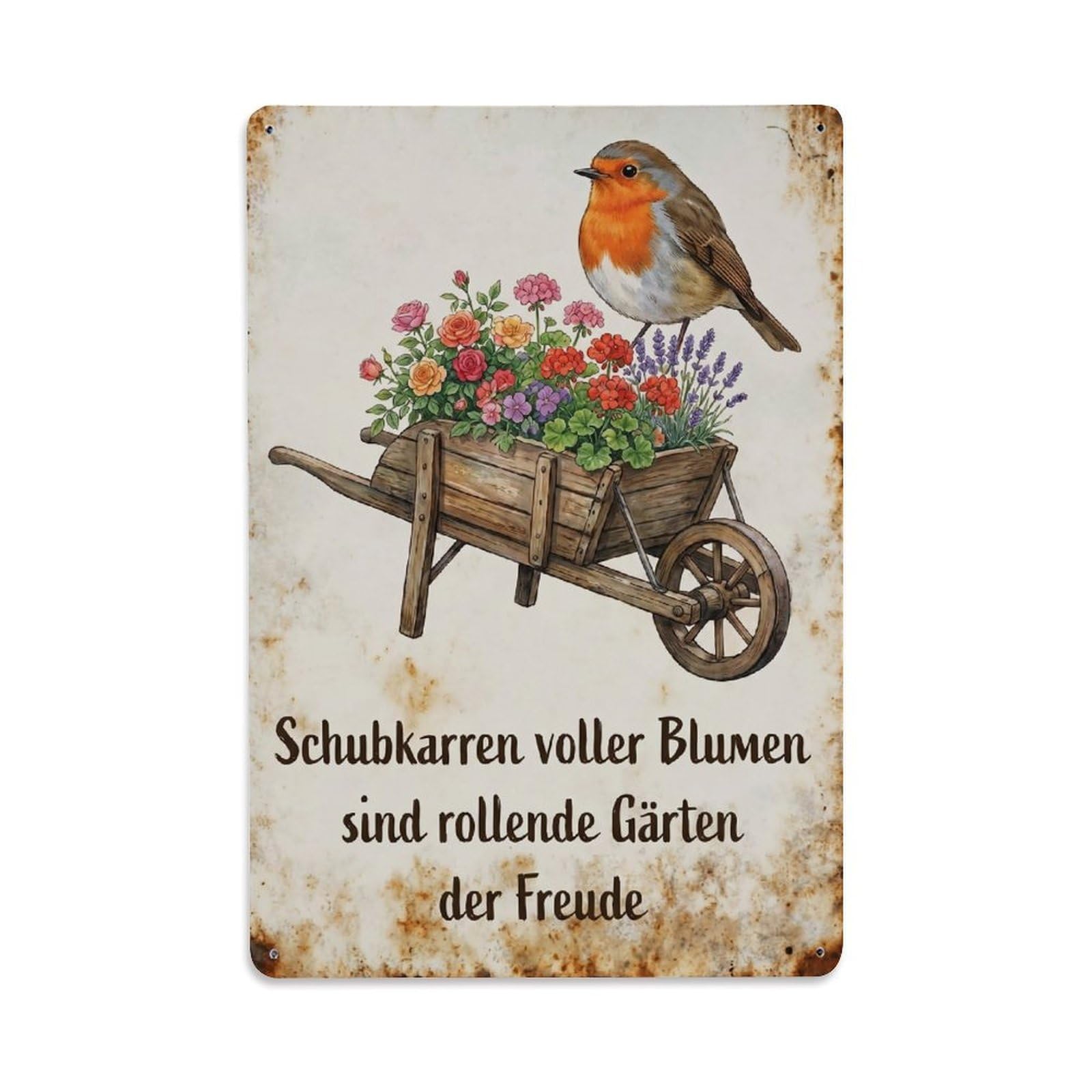 Robin Bird Garden Quote Wheelbarrow Bloom Metal Tin Sign