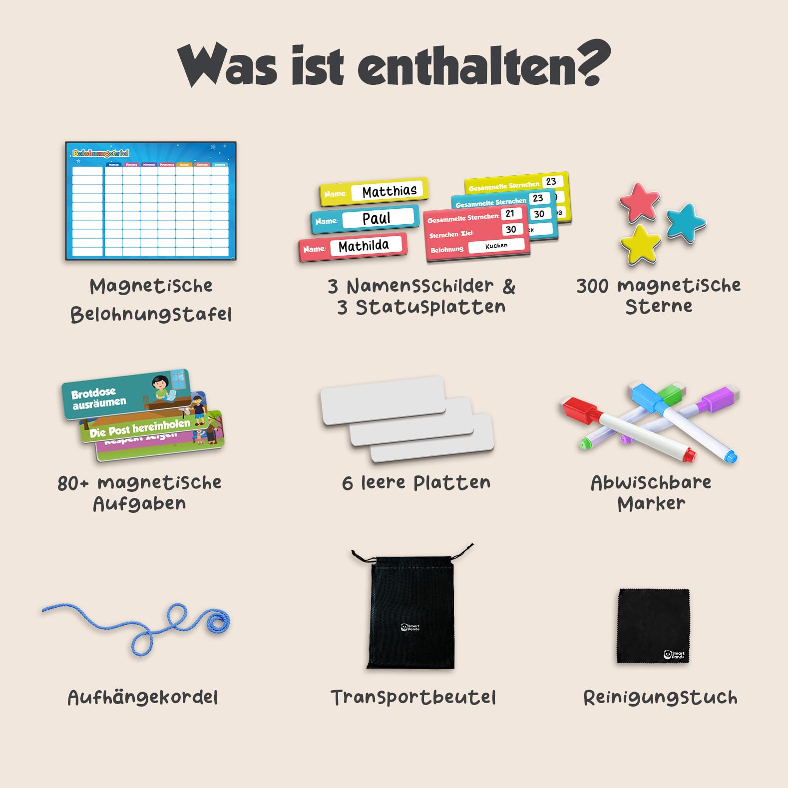 Smart Panda Belohnungstafel für Kinder magnetisch – Belohnungssystem & Aufgabentafel mit 380 Magneten & 80+ Aufgaben, Montessori Routineplaner für Verantwortung & Routinen, ab 3 Jahre