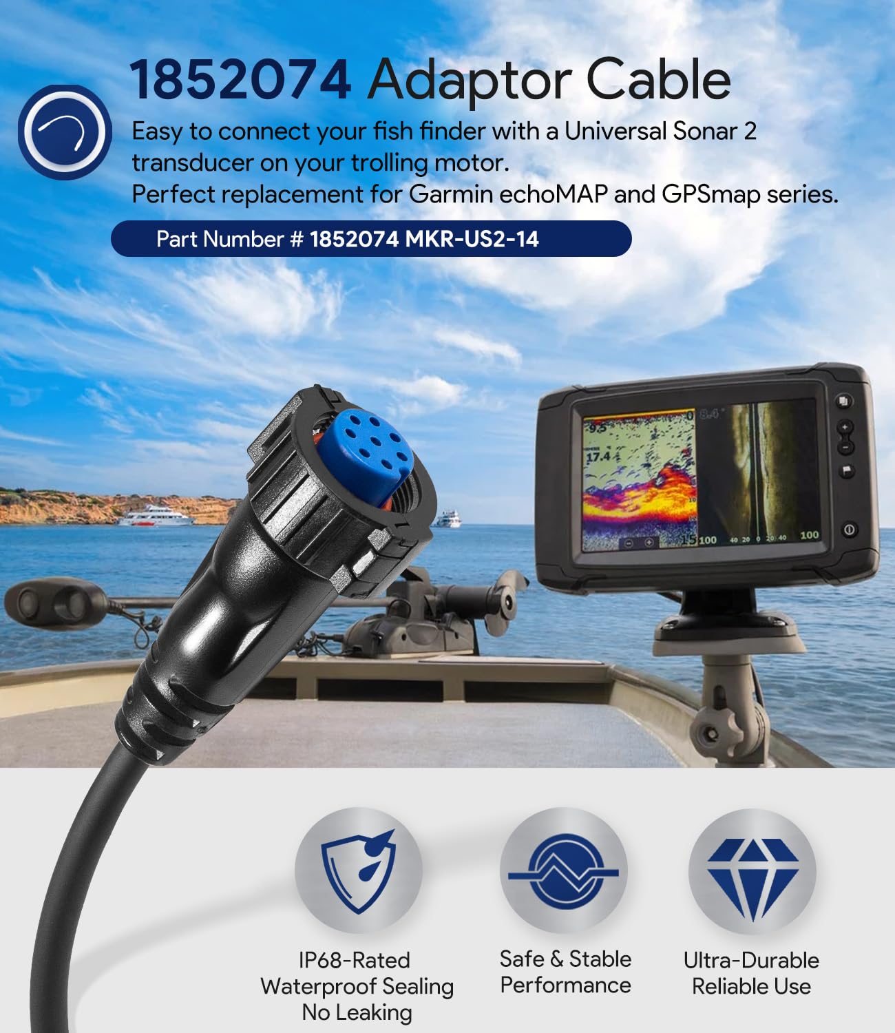 sixcow 1852074 MKR-US2-14 8-Pin Adaptor Cable, Universal Sonar 2 Adapter Plug, Replacement for Garmin echoMAP, GPSmap Series Fishfinder