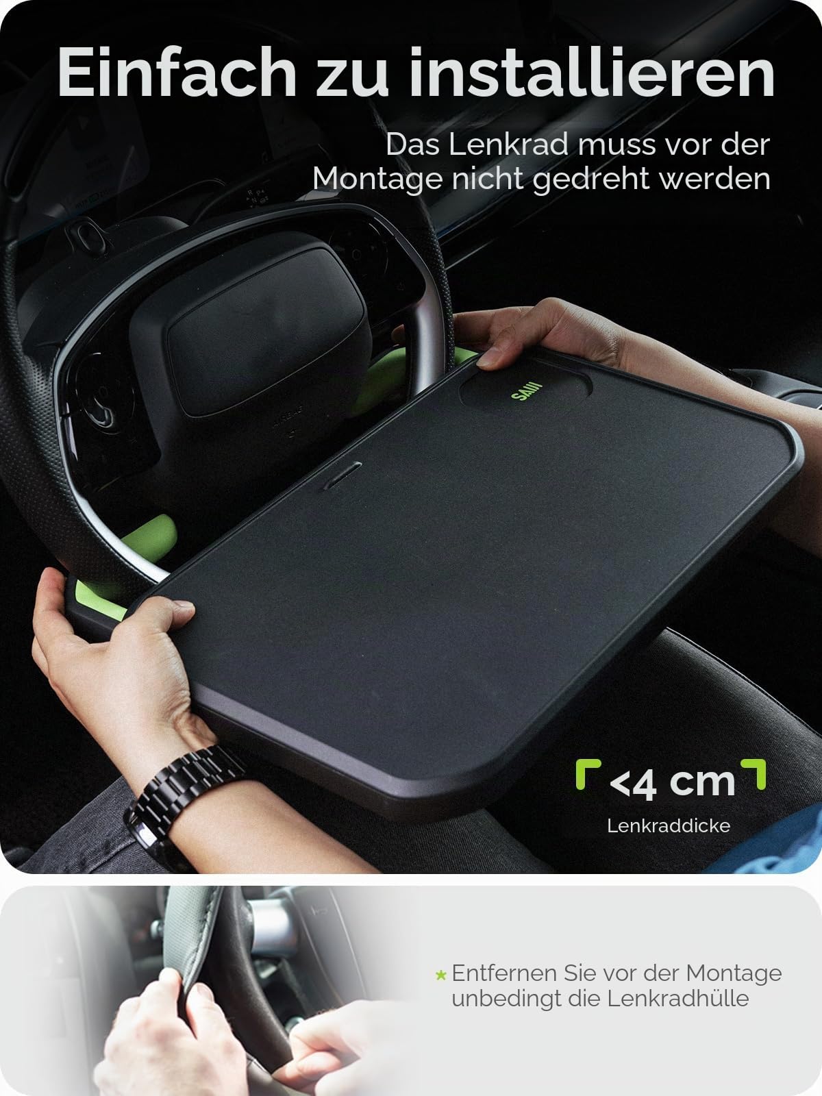SAIJI Lenkradtisch mit ausziehbarem Lenkradschlitz, Auto-Esstablett mit kratzfester Silikonauflage für das Lenkrad, Auto-Tisch zum Essen mit Getränkehalter, multifunktionales Autozubehör für Reisen