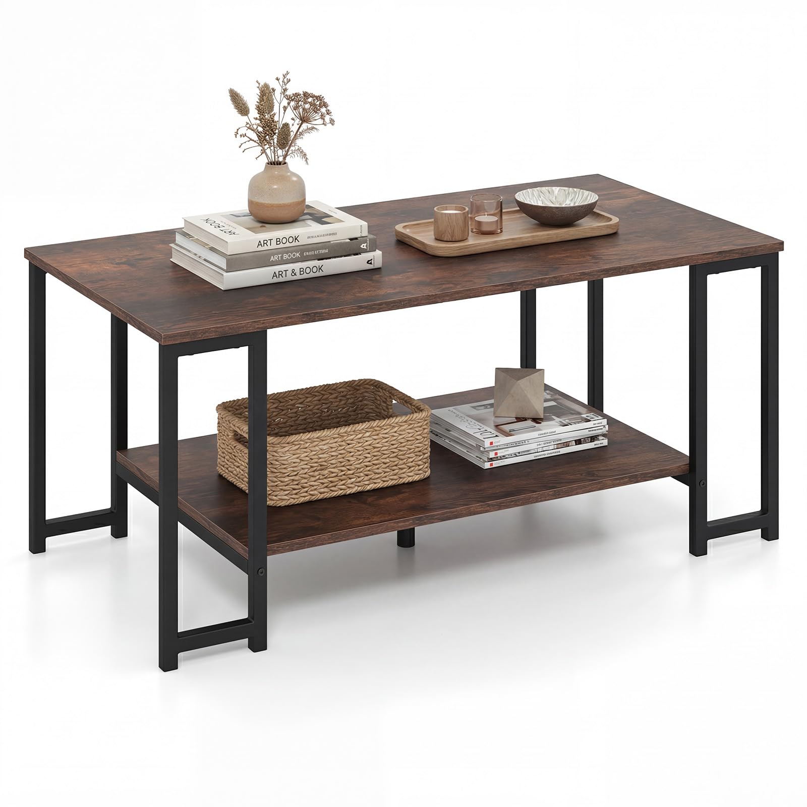 COSTWAY 2-Tier Coffee Table, Rectangle Cocktail Center Table with Open Storage Shelf, 100cm Metal Frame Wooden Accent Sofa Side Tea Tables for Living Room and Office (Rustic Brown+Black)