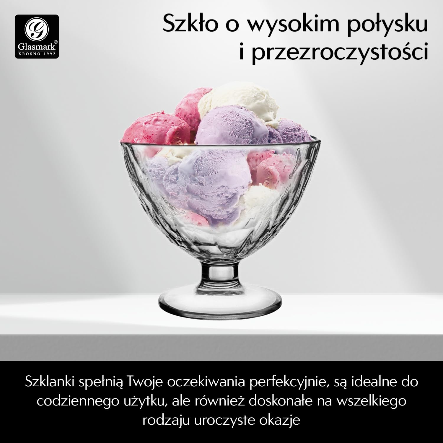 Glasmark KROSNO 1992 Pucharek Do Lodów Deserów Salaterka 310 ml Wytrzymałe Szkło Do Mycia W Zmywarce Wysoki Połysk Przezroczysty
