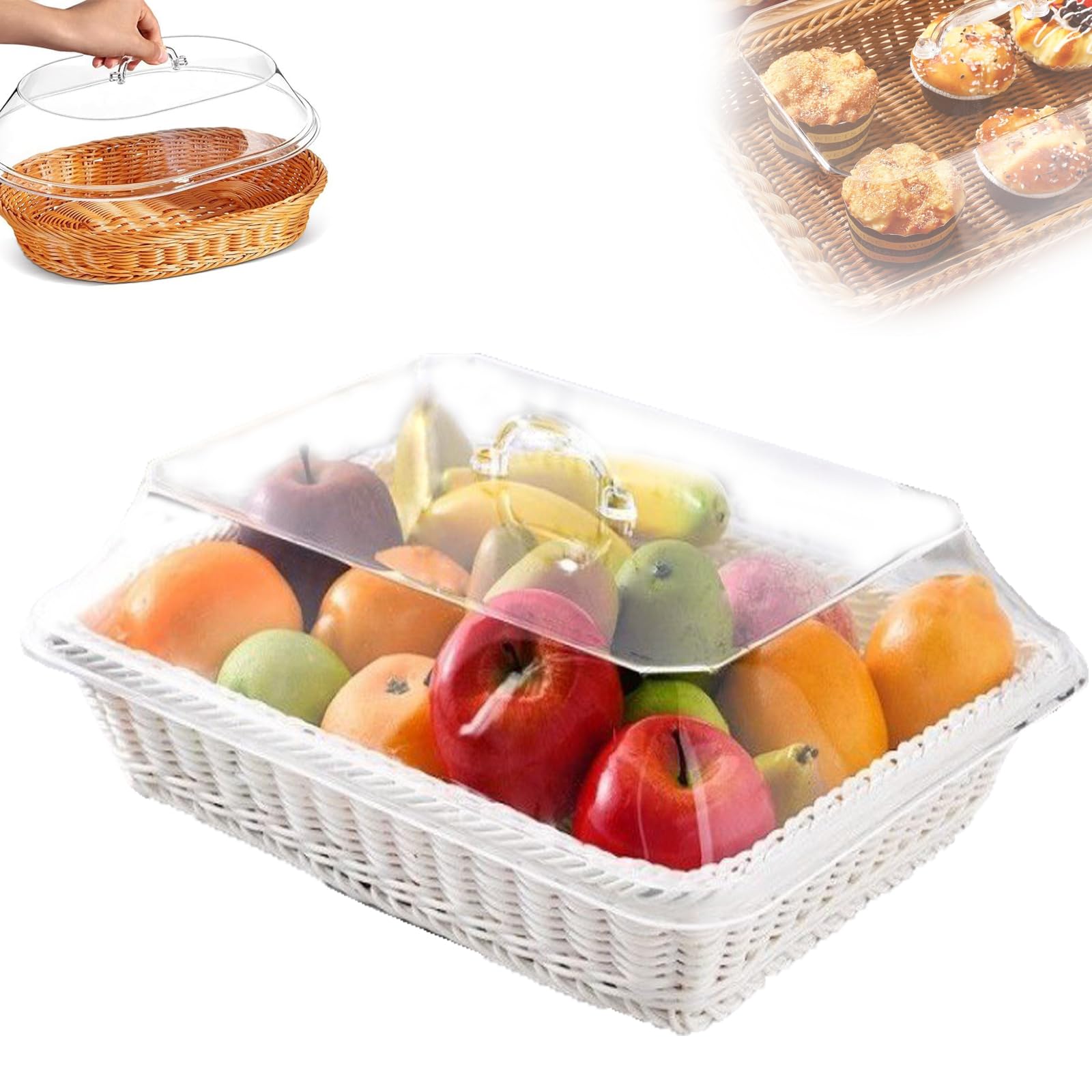 Wicker Basket with Acrylic Lid - Wicker Storage Basket with Lid,Woven Basket with Lid,Food Baskets for Serving,Rattan Basket with Lid,Vegetable Basket,Wicker Bread Basket for Kitchen (White-02)