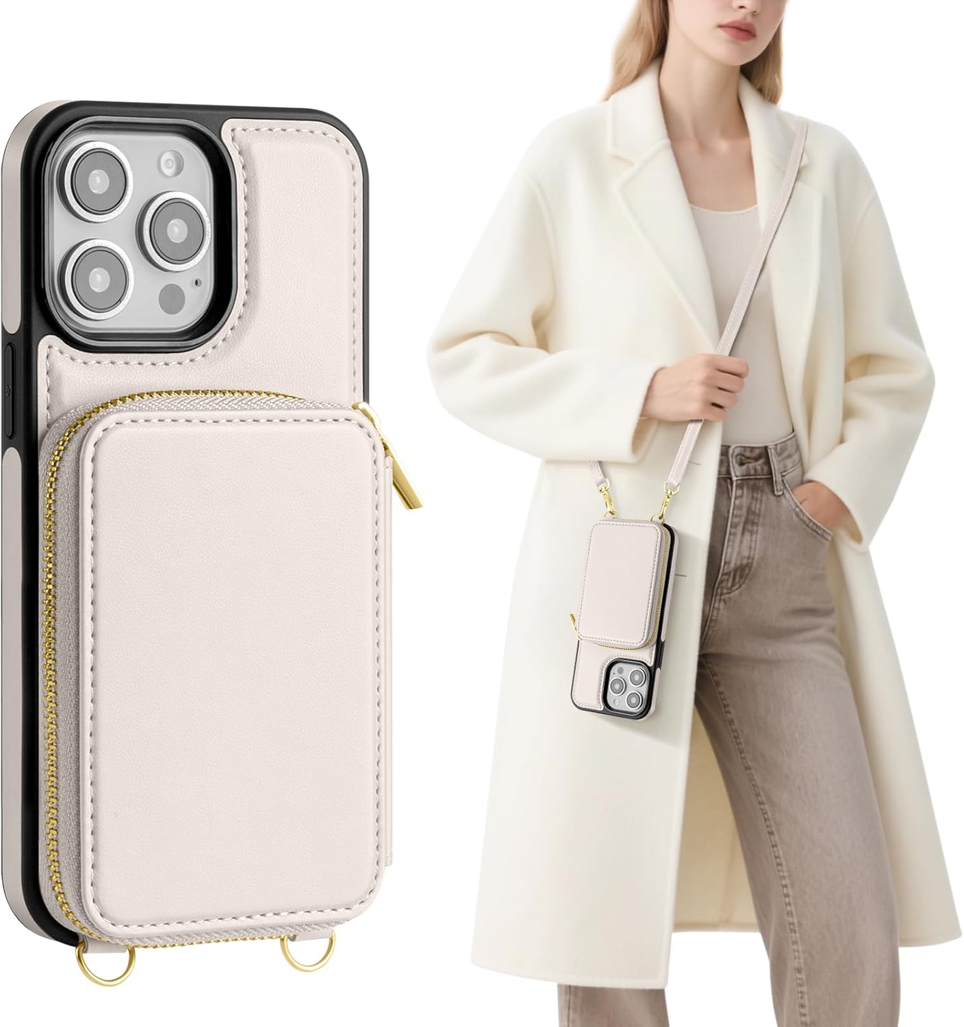 SkyEagle Compatible with iPhone 12 Pro Wallet Case for Women【RFID Blocking】 Crossbody Phone Case PU Leather Zipper Handbag Wrist Strap Cover Credit Card Holder,for Apple 12 6.1",Beige