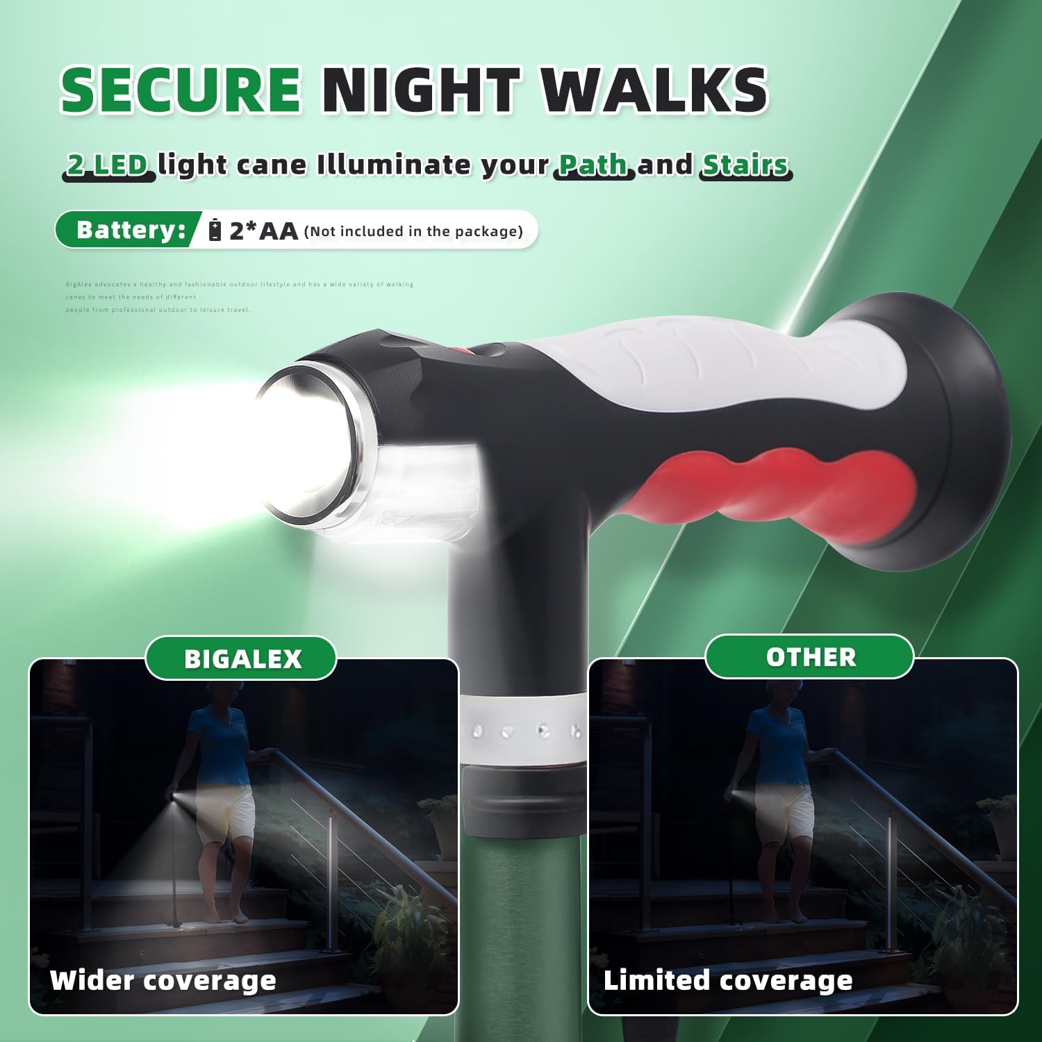 bigalex folding walking cane with two led lights for elderly solid base adjustable walking stick with carrying bag for men women green