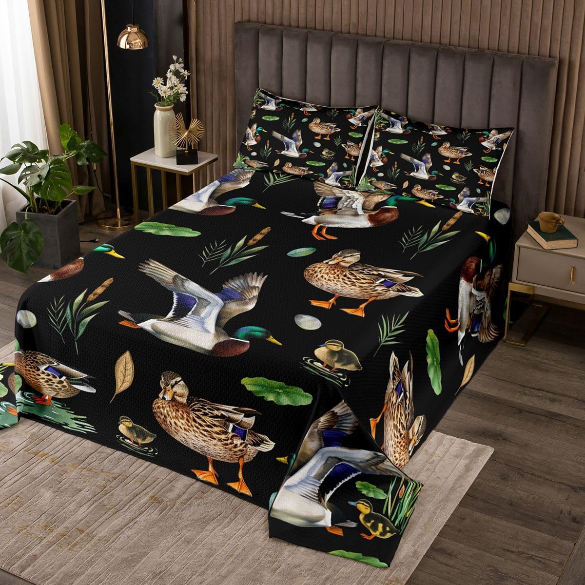 Feelyou Hunting Woodland Duck Bedspread Queen Size Mallard Duck Coverlet Set Rustic Farmhouse Animal Quilted Coverlet for All Season with 2 Pillowcases Lightweight