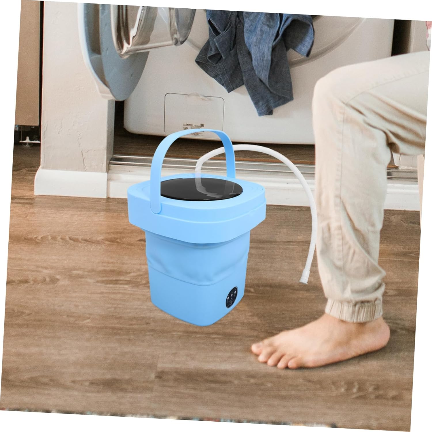 Portable Mini Folding Washing Machine with Drain Basket and Hose Compact Lightweight Washer for Travel Dorms Apartments Easy Storage and Operation US Plug