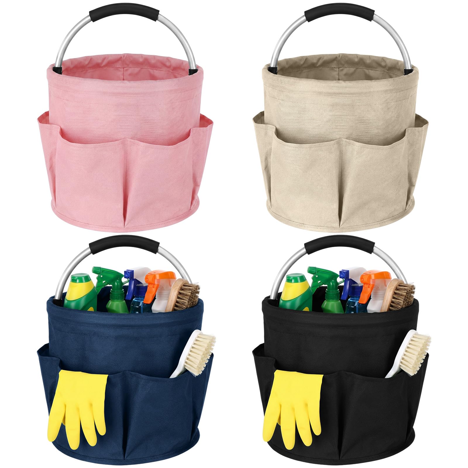 LemonRoad 4 Pack Cleaning Caddy with Handle 17L Foldable Cleaning Supplies Organizer Oxford Cloth Storage Basket with 6 Pockets Portable Multi Bucket Bag for Home Garden (Black,Beige,Navy Blue,Pink)